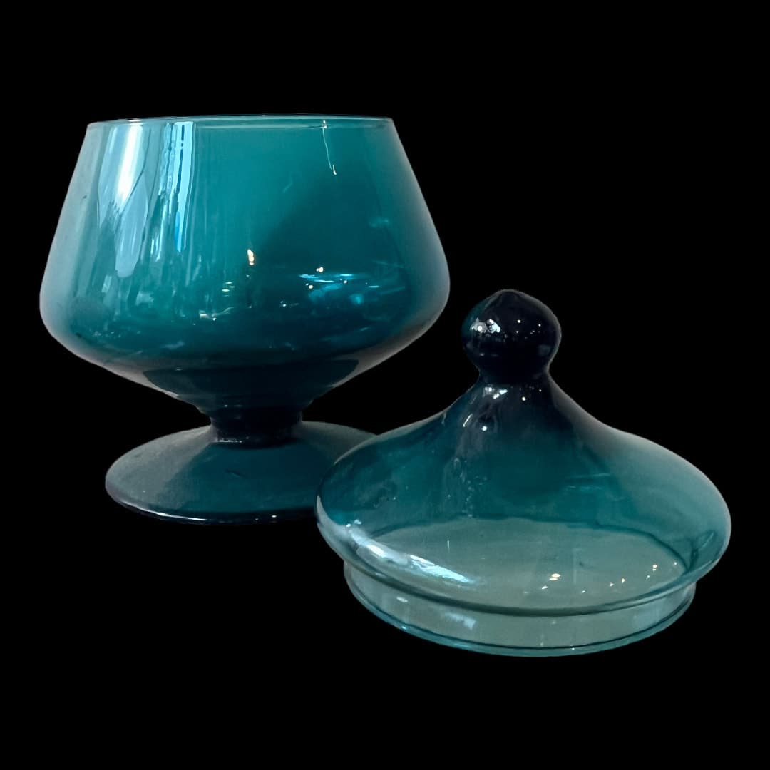 Vintage MCM Teal Glass Lidded Pedestal Bowl - Regular