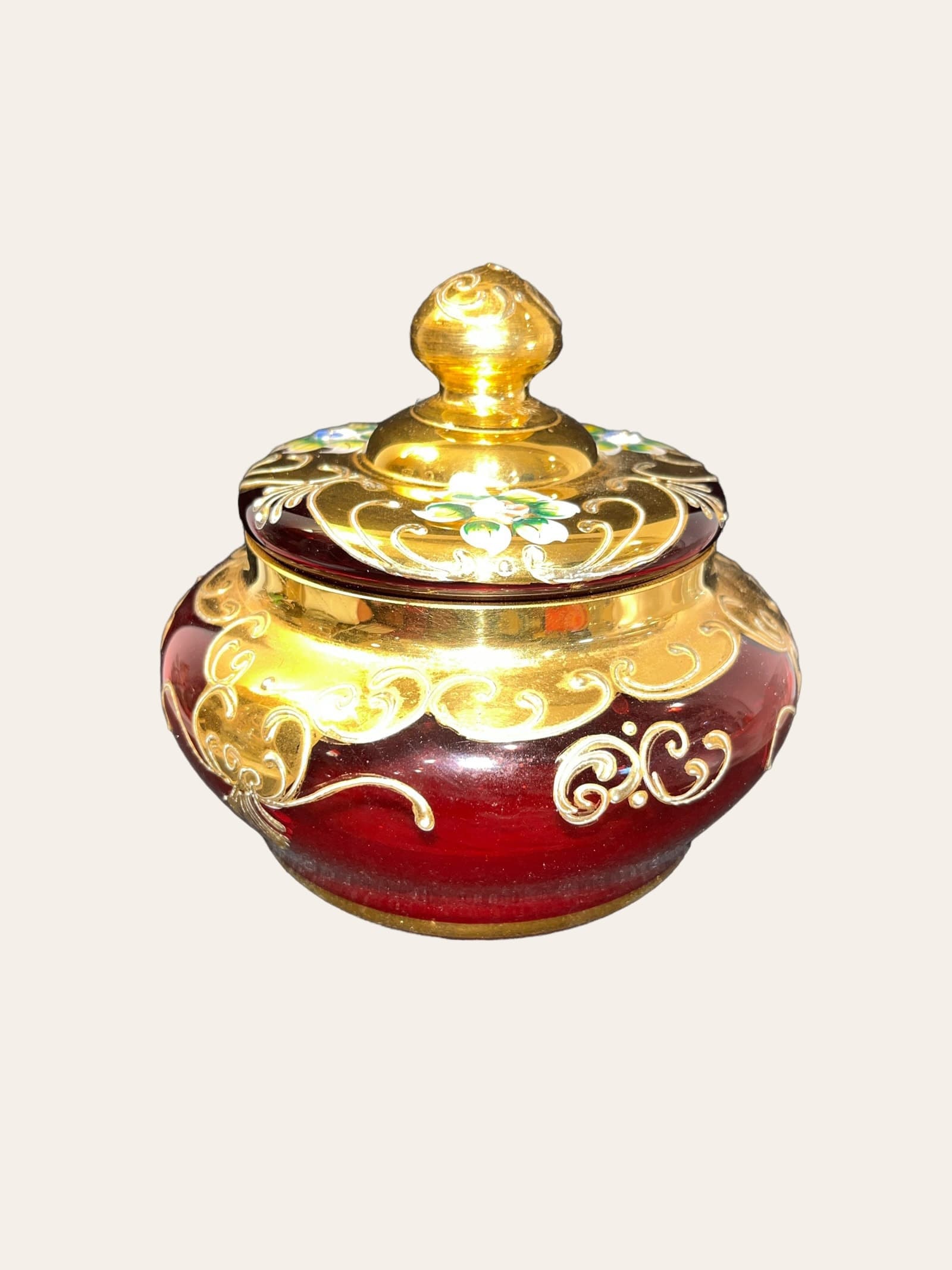 Beautiful Gold overlay Ruby Bohemian Glass Jar - Regular