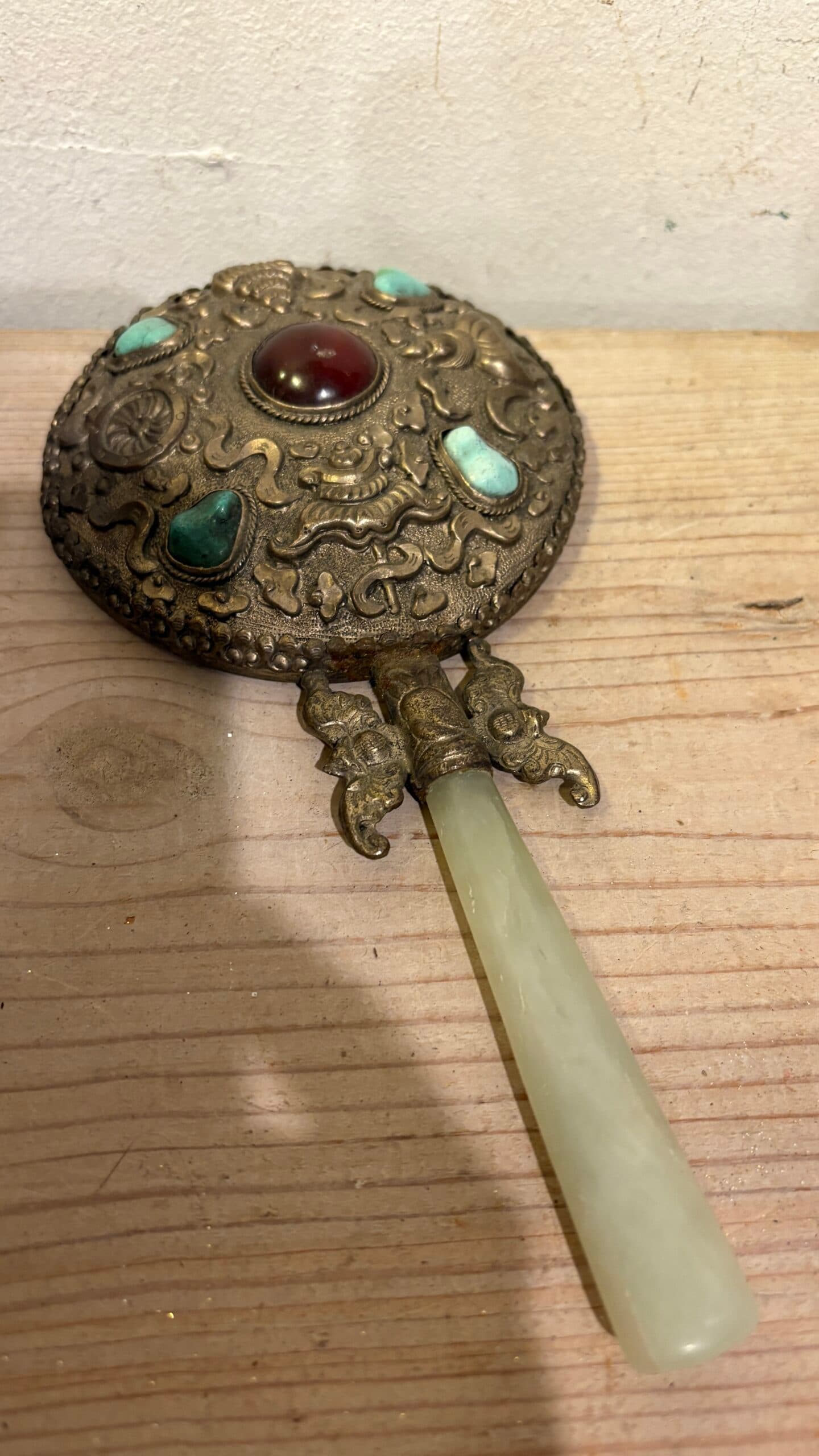 Antique Victorian Hand Mirror with Jade Handle - Regular