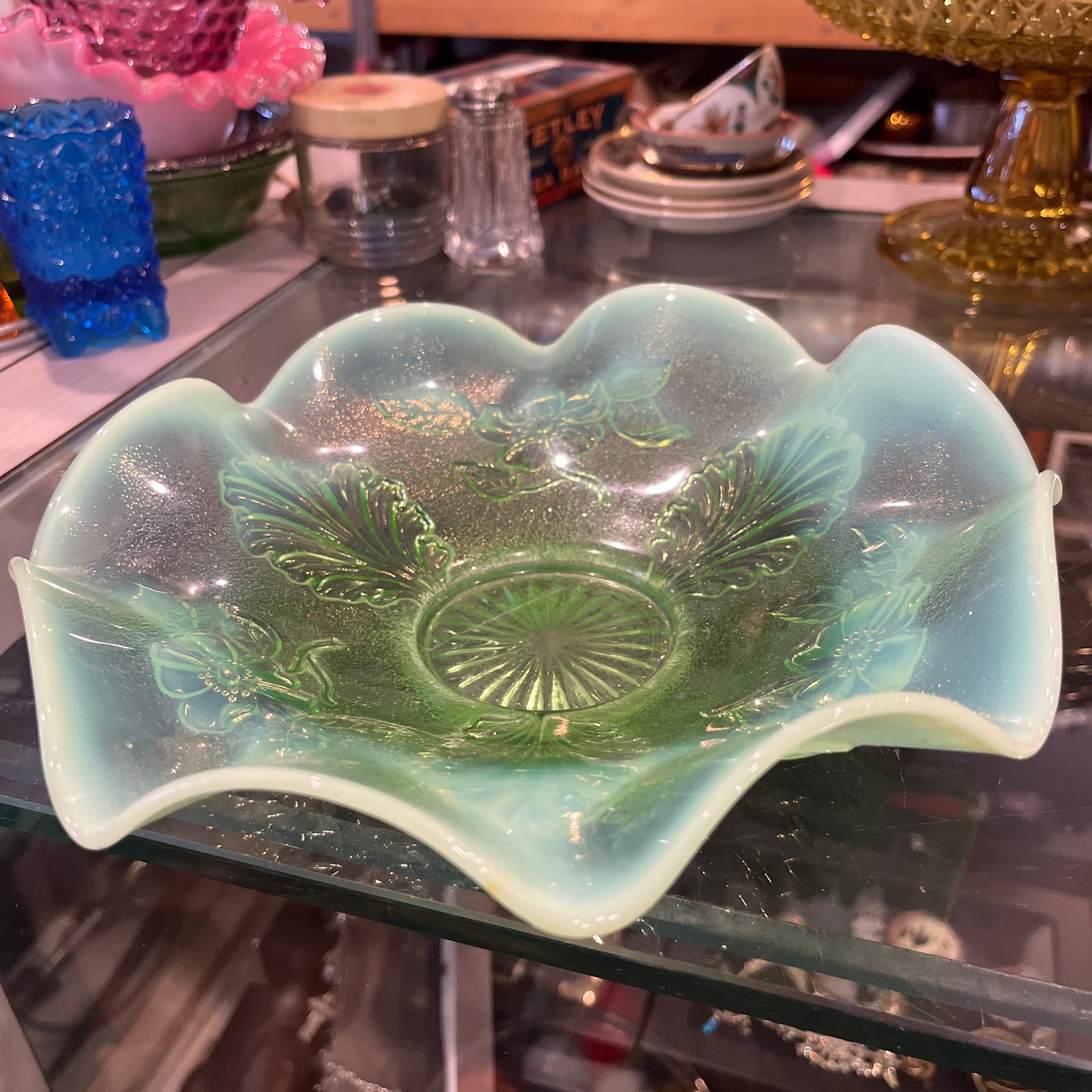Vintage Northwood Glass Blossoms & Palms Green Opalescent Bowl - Regular