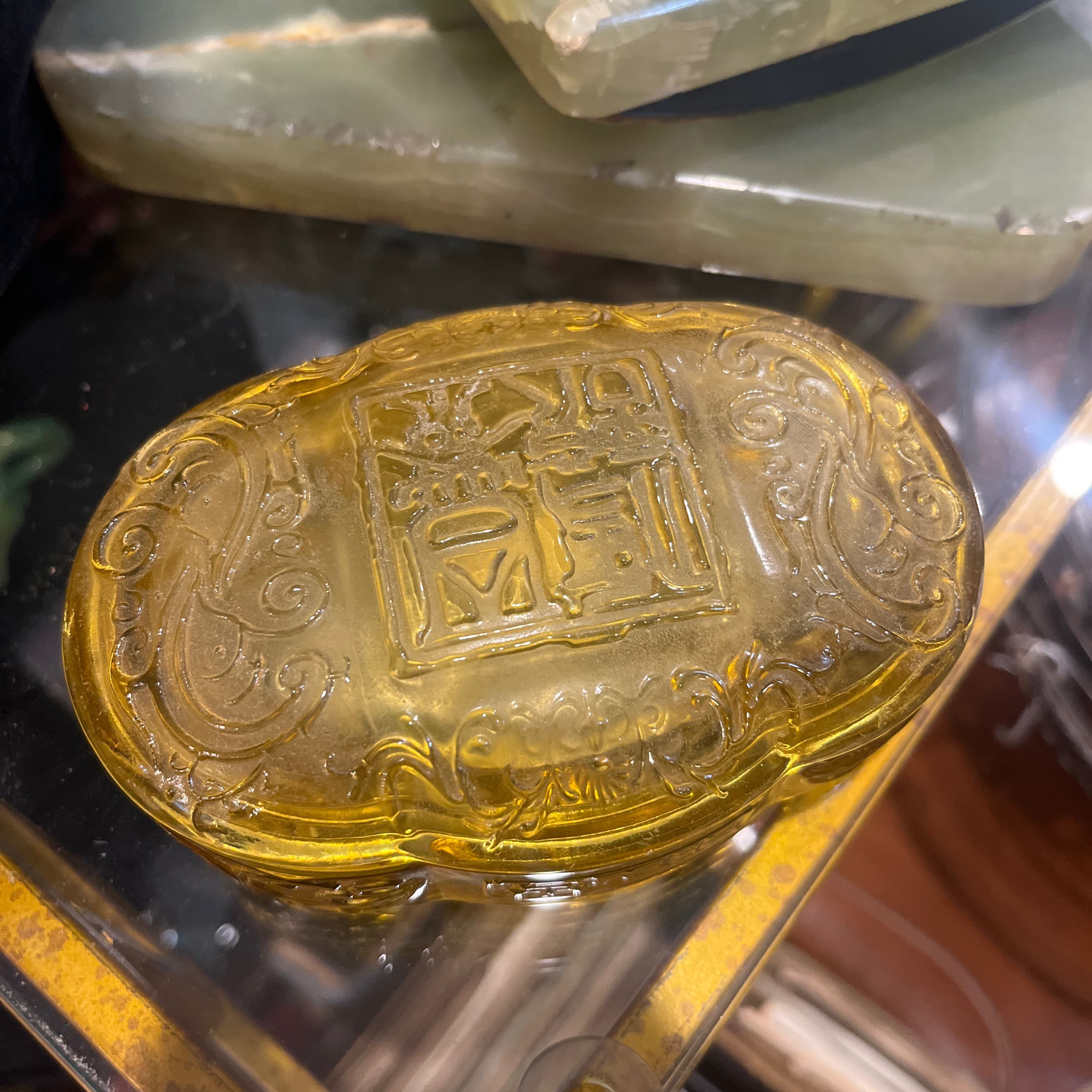 Glass Amber Trinket Box with Chinese Characters - Regular