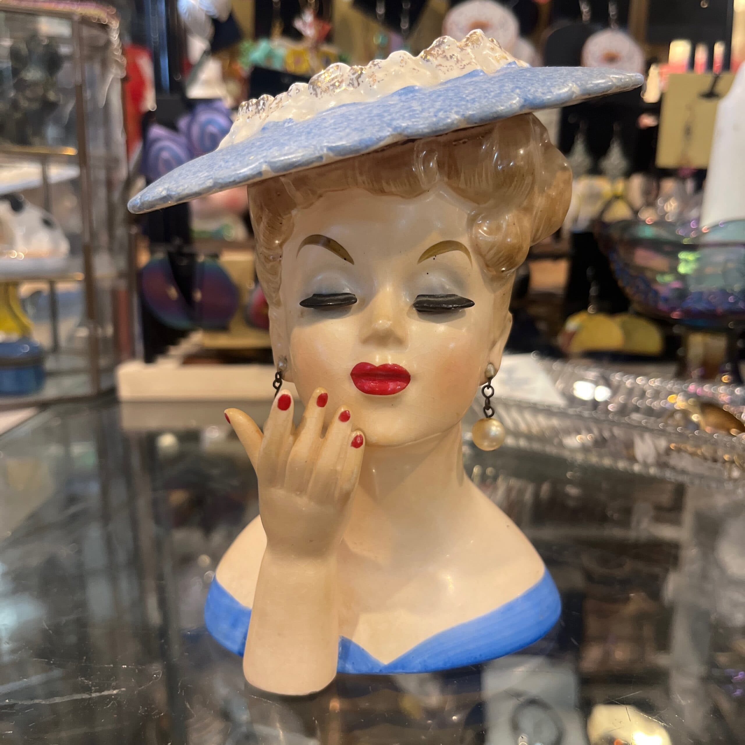 Blue Hat Lady Head Vase - Regular