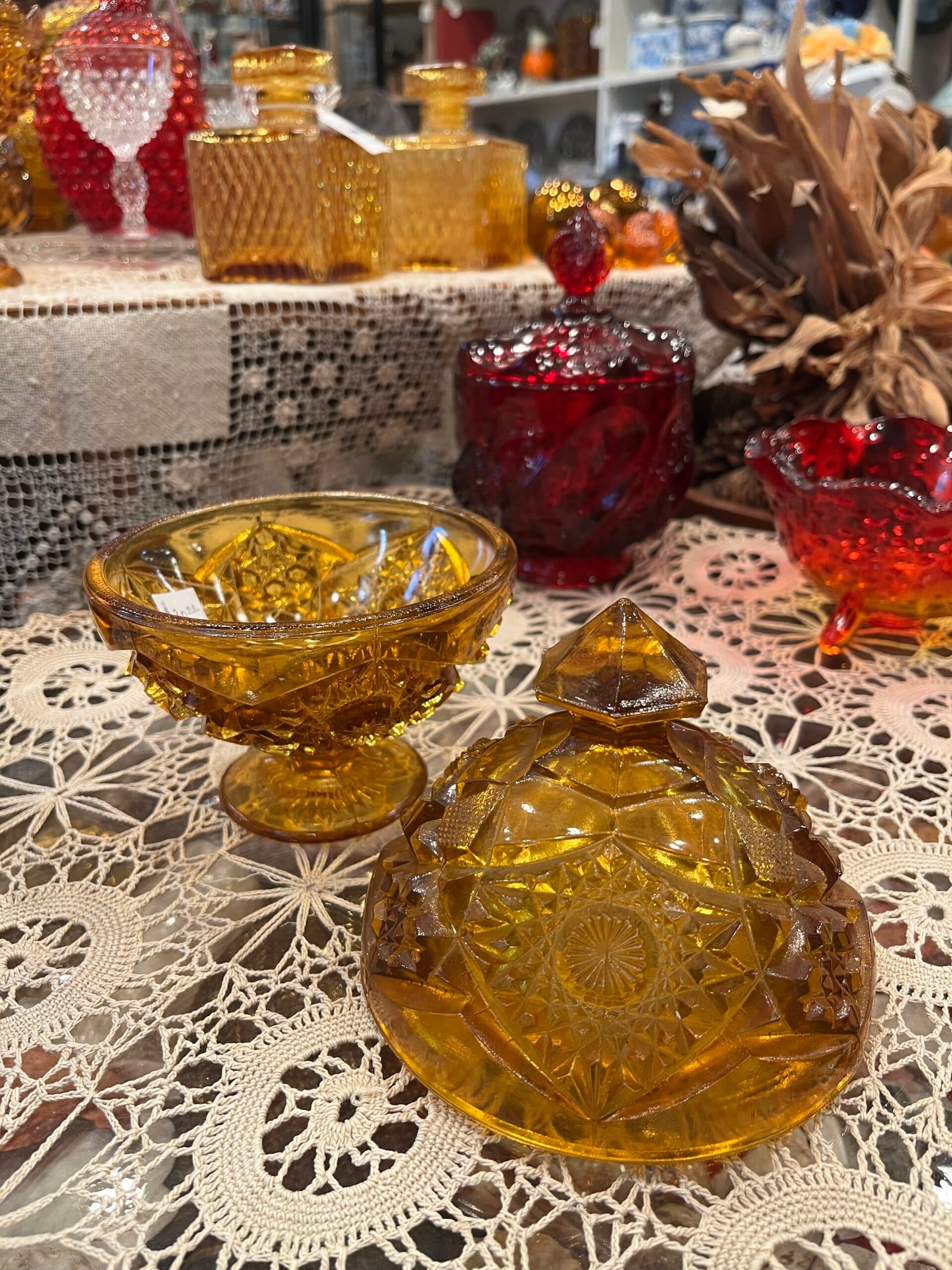Amber Pressed Glass Hobstar & Flora Pattern Lidded Candy Dish - Regular