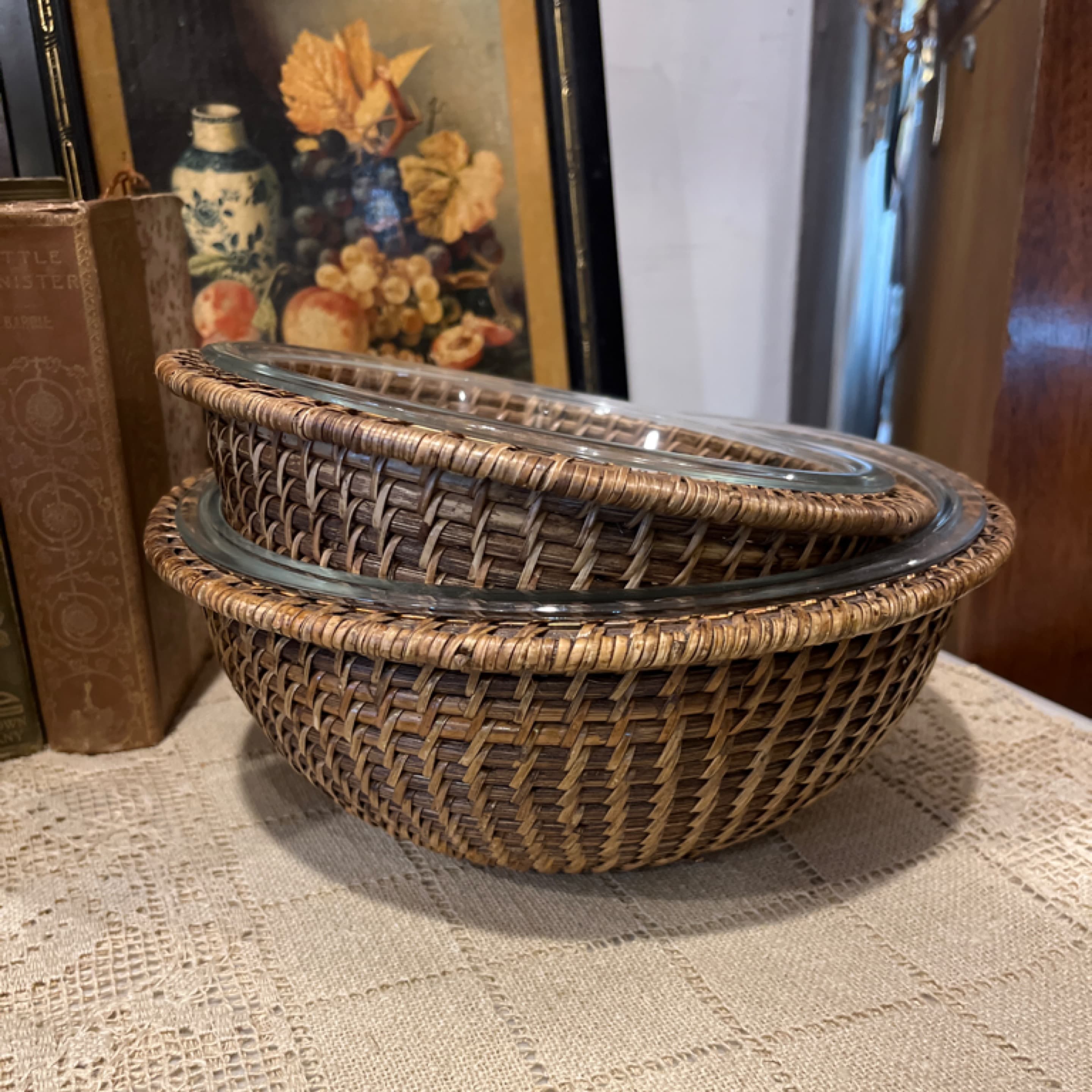 Glass Bowls With Wicker Baskets Set Of 2 - Regular