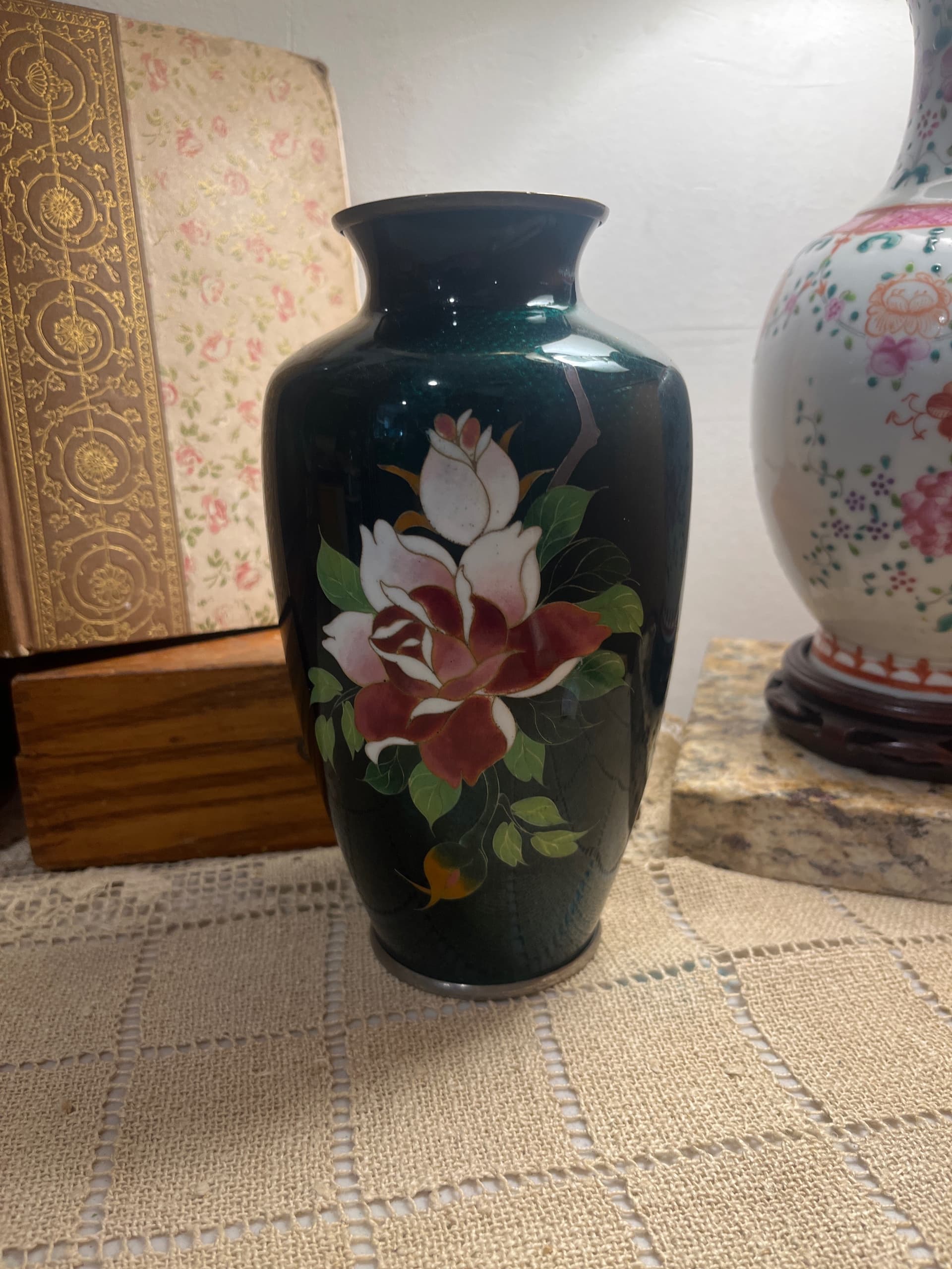 Cloisonne Vase with Enamel and Rose Floral Design - Regular