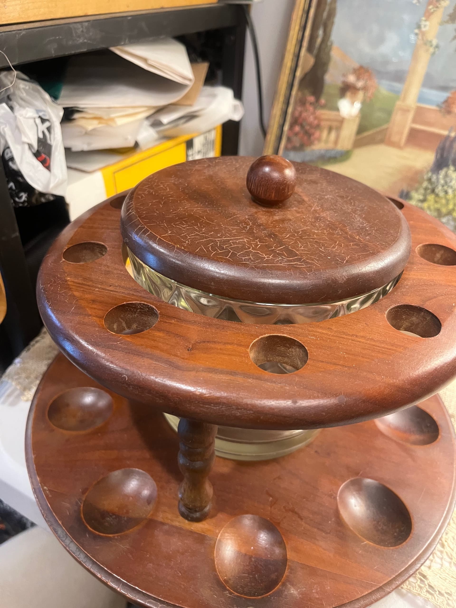 Vintage Wooden Pipe Stand with a Glass Humidor and Lid - Regular