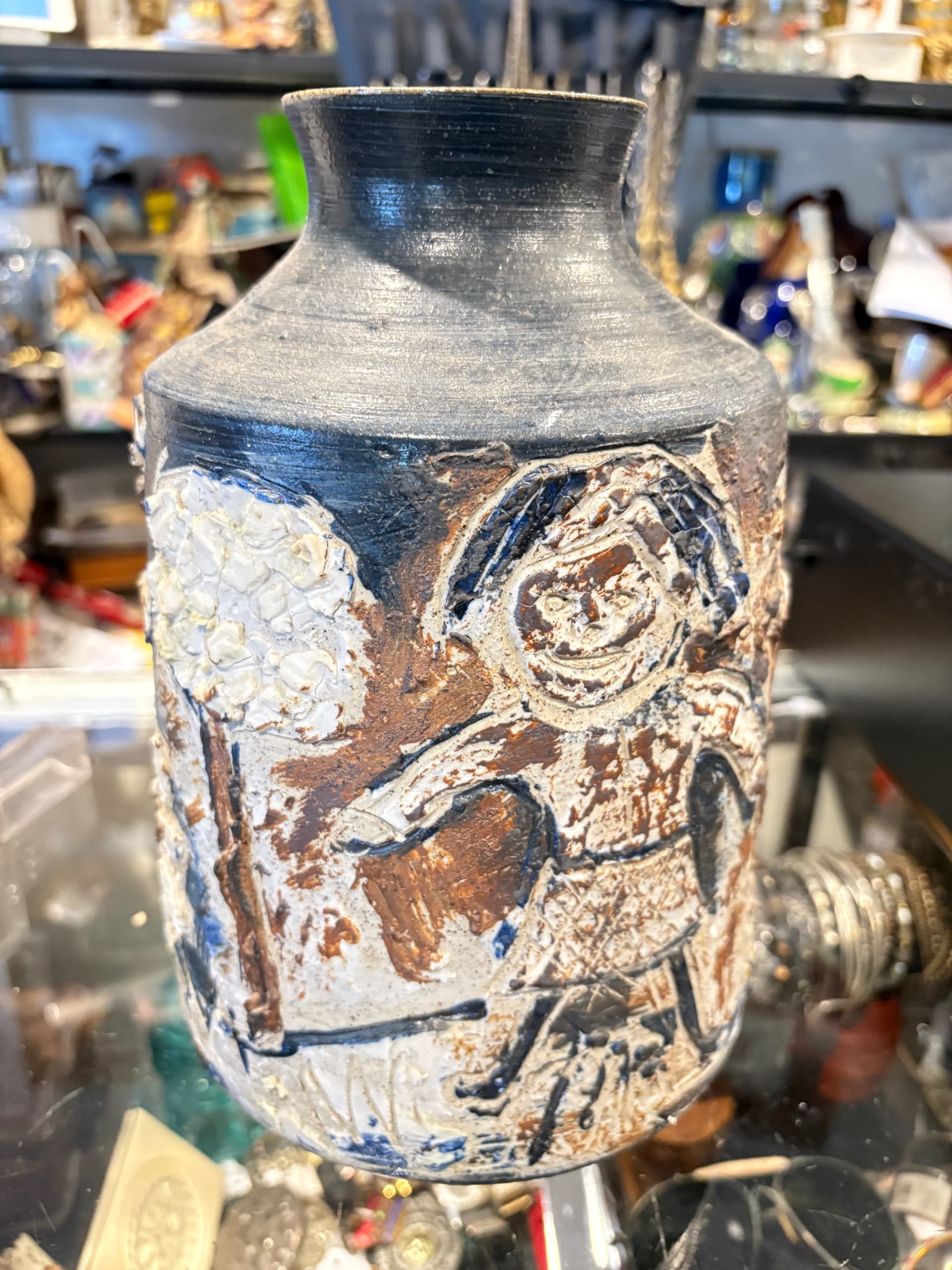Mid-Century Danish Studio Art Pottery Vase — Signed — Sgraffito Knight, Tree & Sun Motifs — c. 1960s–70s - Regular