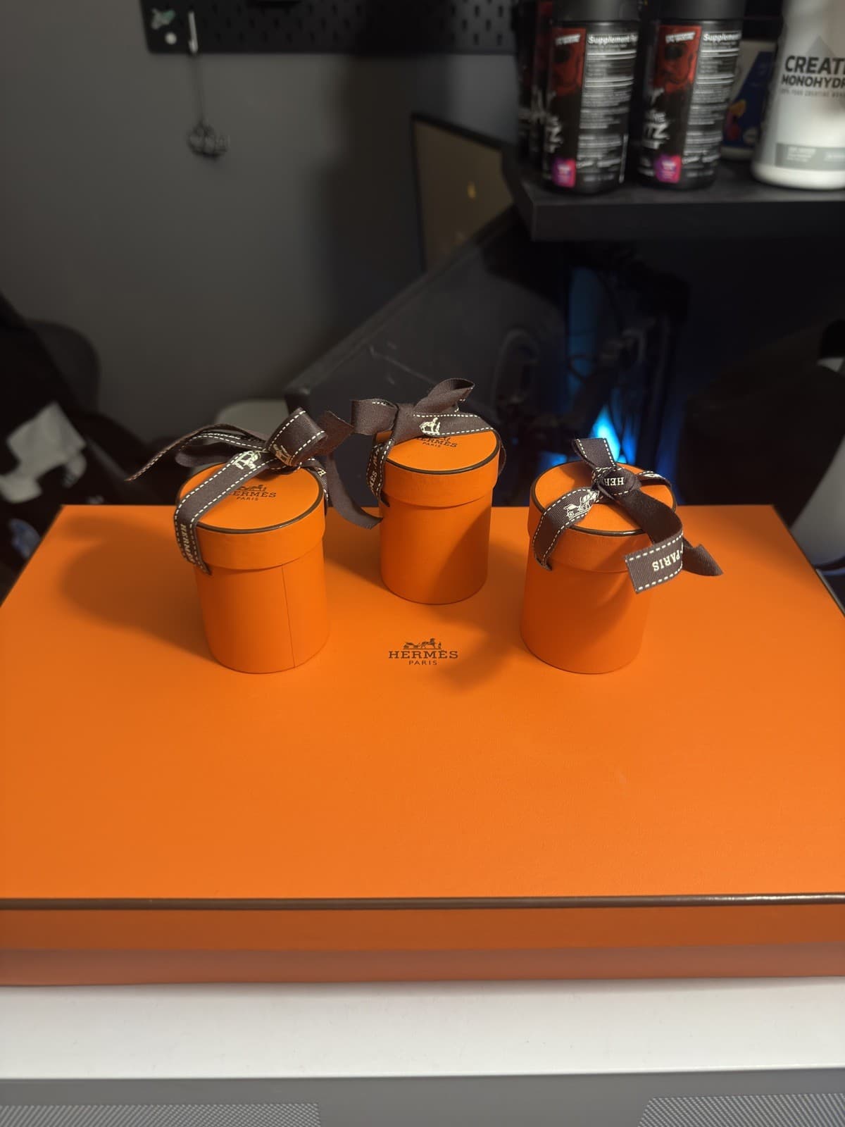 Authentic Hermes Orange Empty Round Box For Twilly Scarf With Ribbon And Box