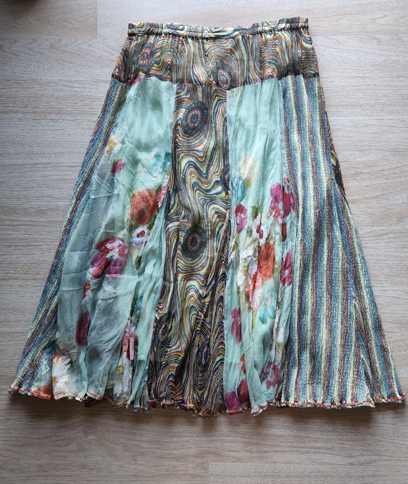 ANU by Natural Patch Work Maxi A-Line Skirt Elastic Waist Multicolor Waist 34"