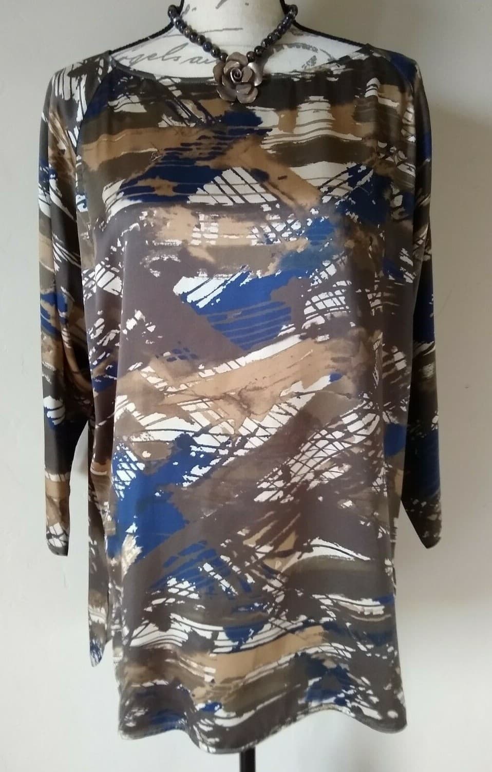 LAFAYETTE 148 New York Silk Satin Top Blouse Pullover 3/4 Sleeves Multi Color M