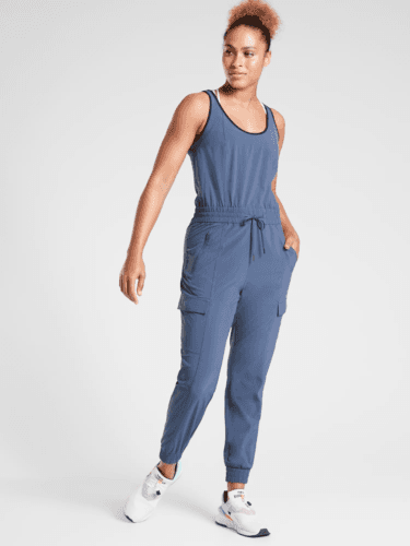 Athleta Iron Blue Unbound Jumpsuit Travel Commute Cargo Pocket Sleeveless Sz.L