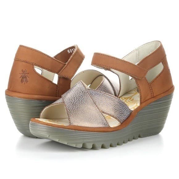 Fly London Yent Ankle Strap Wedge Sandal Hook Loop Leather Brown Bronze EU39