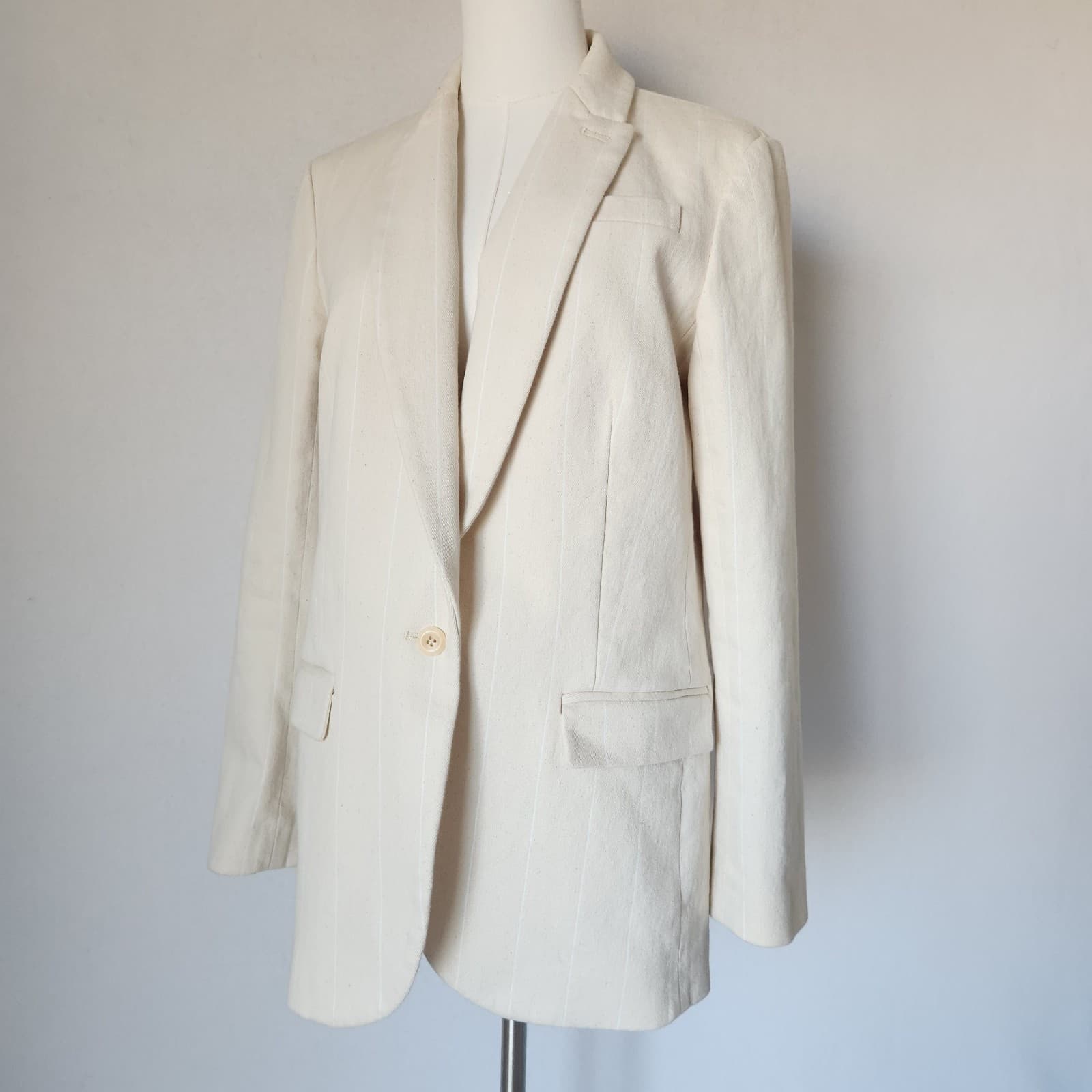 J.Crew Alfie Blazer Denim Stripe One Button Pocket Beige Cotton Women's 6 #BA437