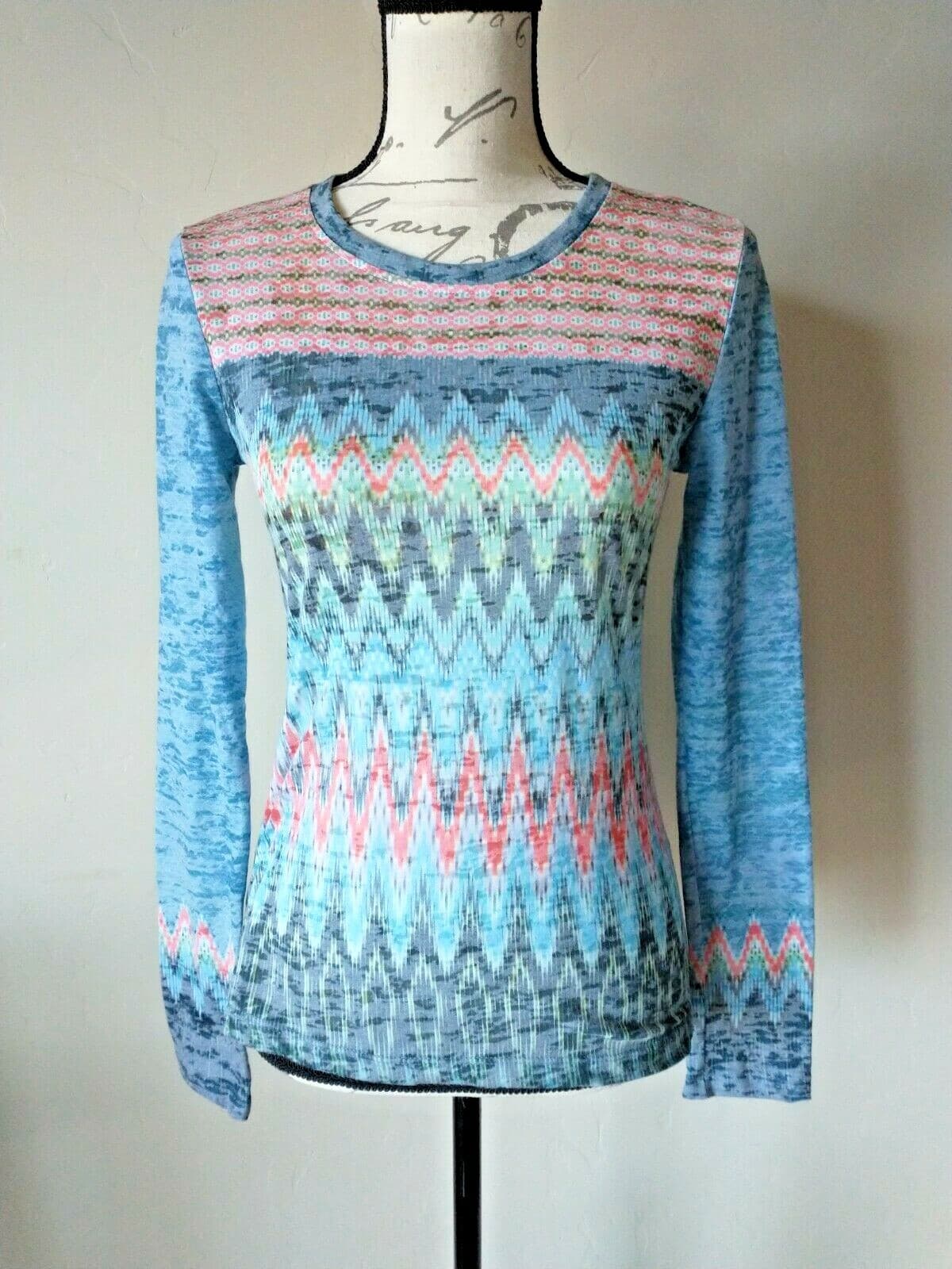 PrAna NWT Novelty Women T-Shirt Top Long Sleeve Geo-Print Multicolor Sz.XXS