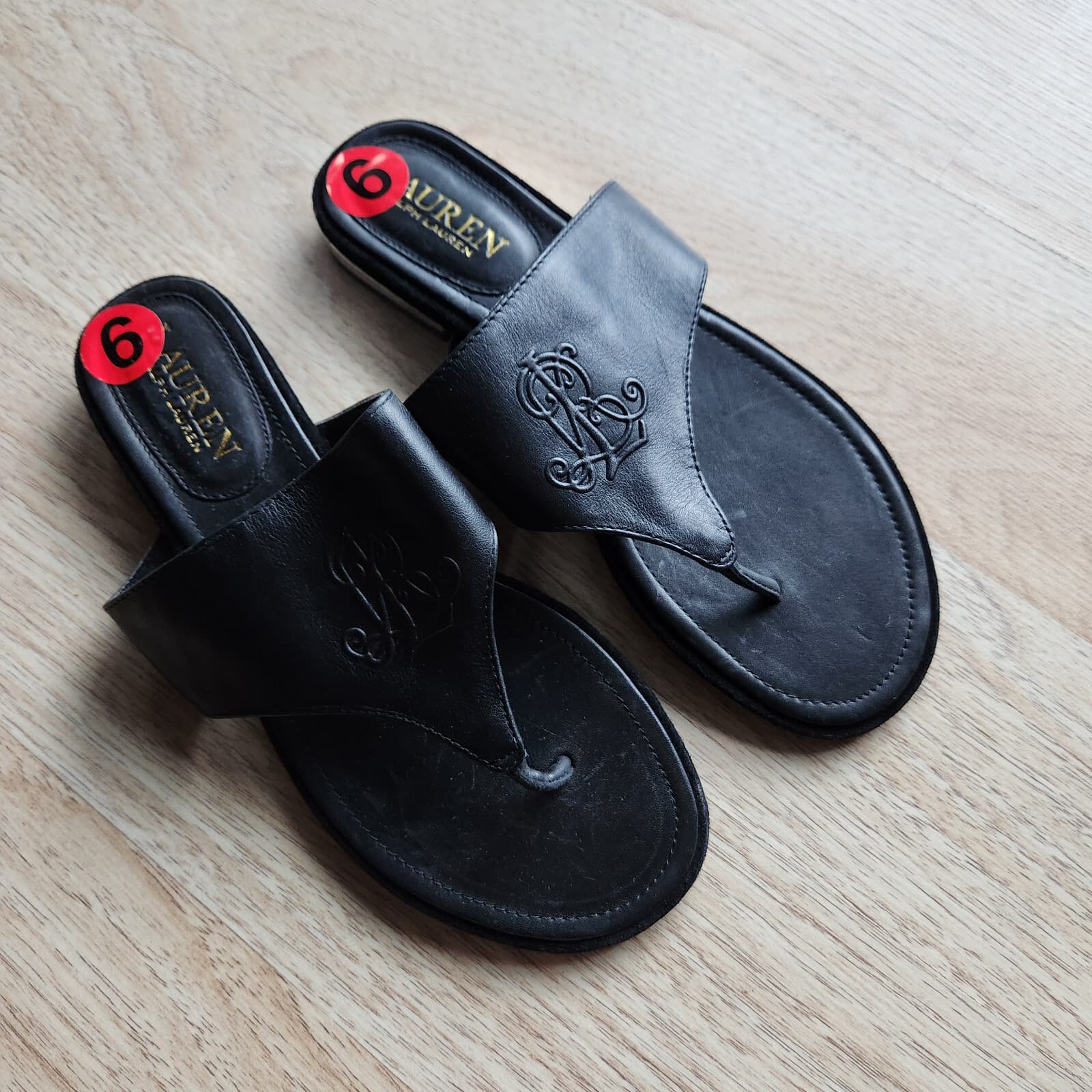 NWoB Lauren Ralph Lauren Deandra-SN-CSL Flat Sandal Thong Black Leather US6B