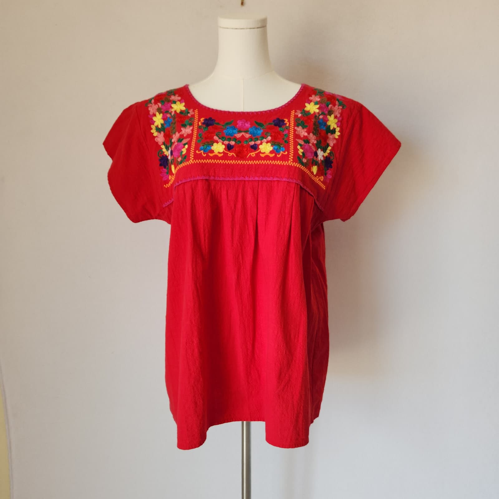 YZXDORWJ Handmade Embroidered Pueblo Peasant Boho Blouse Short Sleeve Red Sz.XL