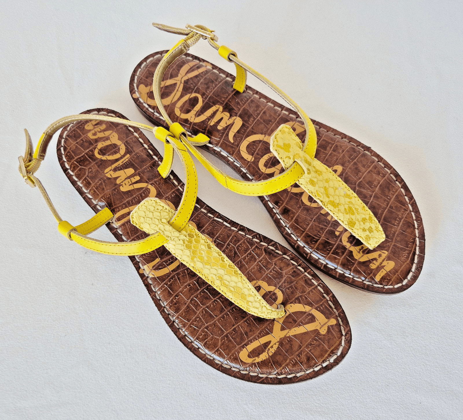 Sam Edelman Gigi Yellow Snake Embossed Leather Thong Sandals Slingback US 7.5M