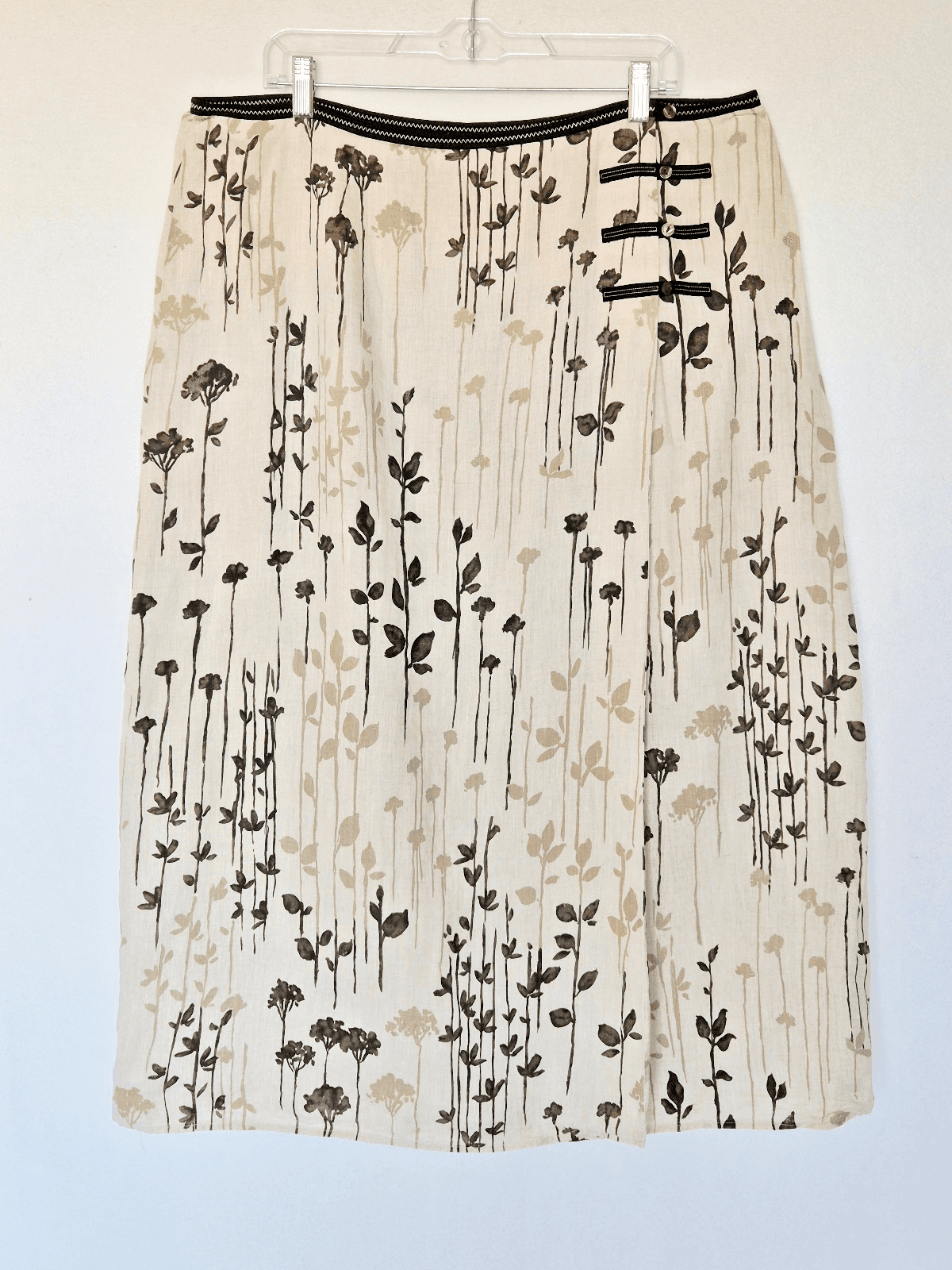 Vintage J.Jill 100% Linen Botanical Midi Wrap Skirt Button Lined Beige Womens 20