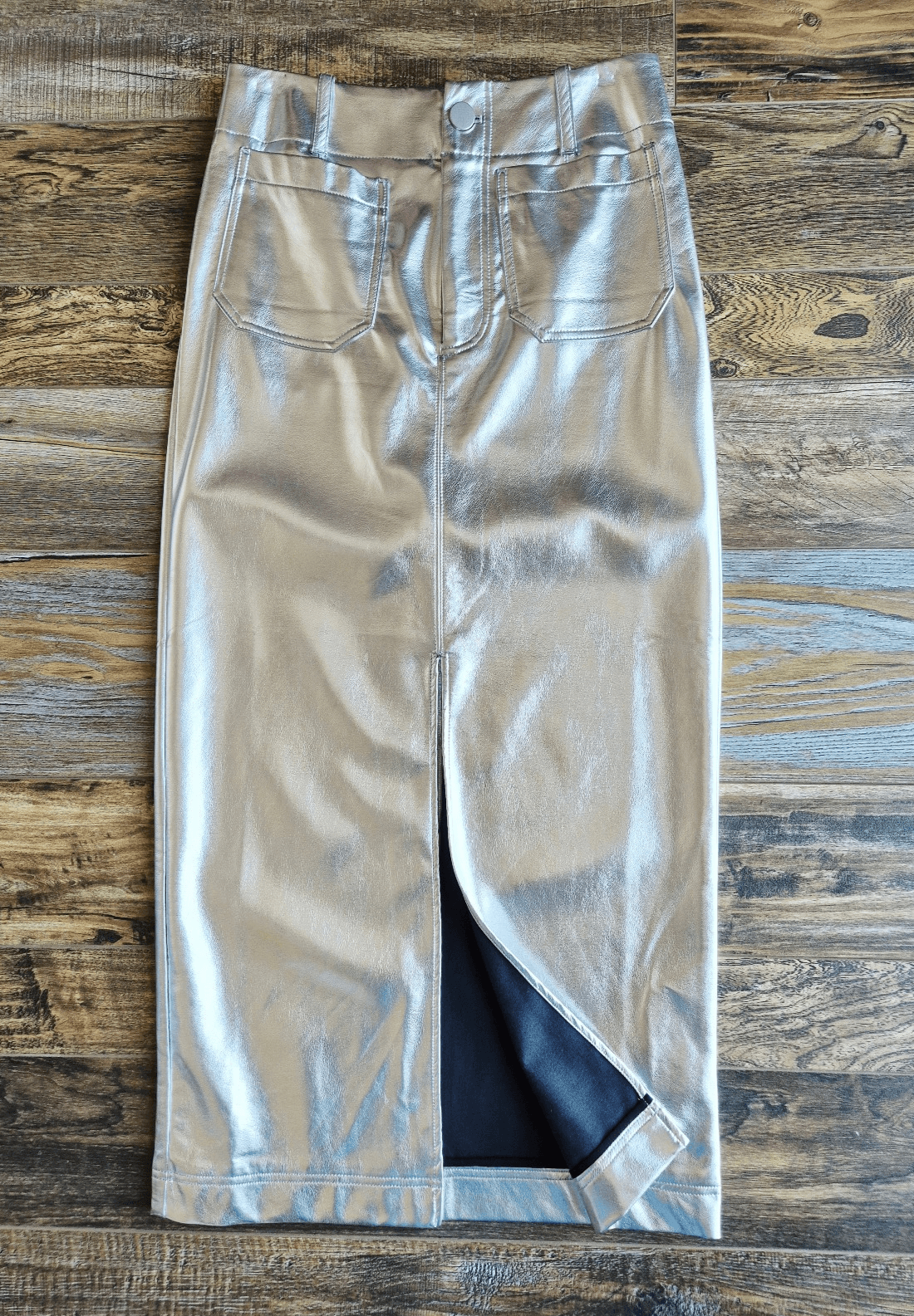 by Anthropologie Silver Metallic Faux Leather Midi Pencil Skirt Front-Slit Sz.S