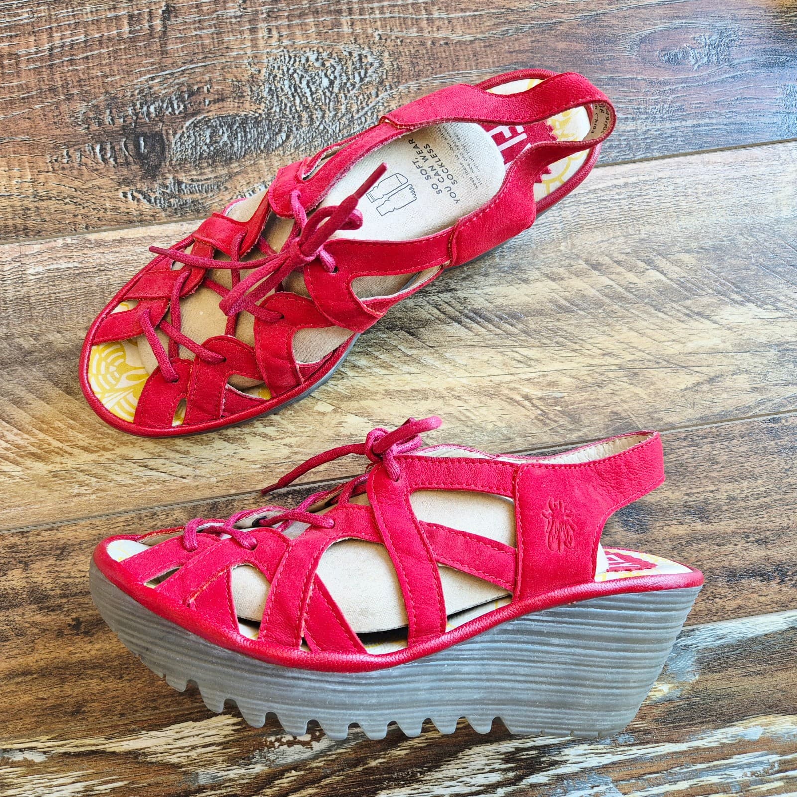 Fly London Yuke Red Suede Leather Lace-Up Wedge Sandals Slingback Women's EU38
