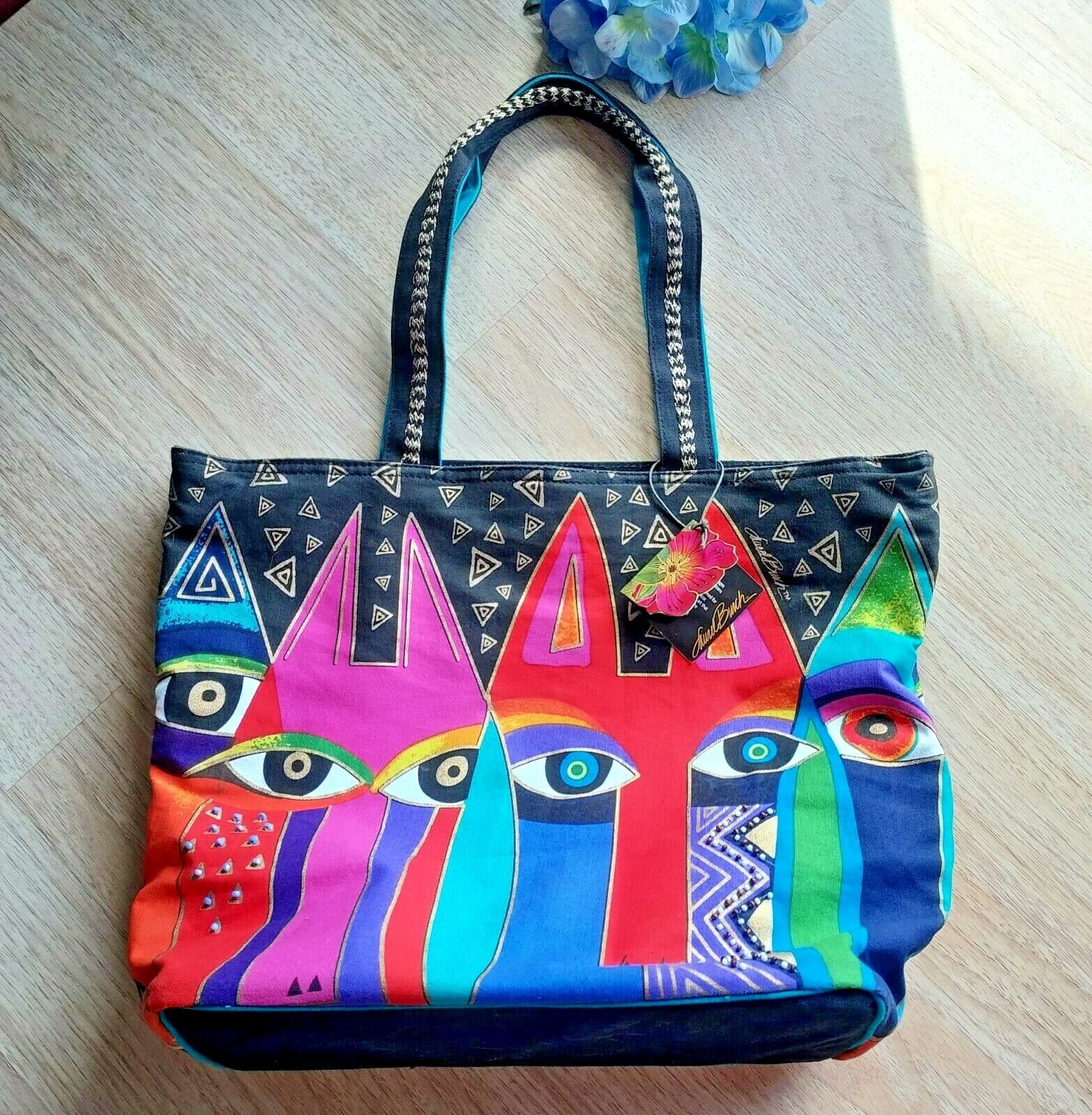 EUC Sun N' Sand Laurel Burch Tribal Cats Tote Bag Bead Embellished Canvas Zipper