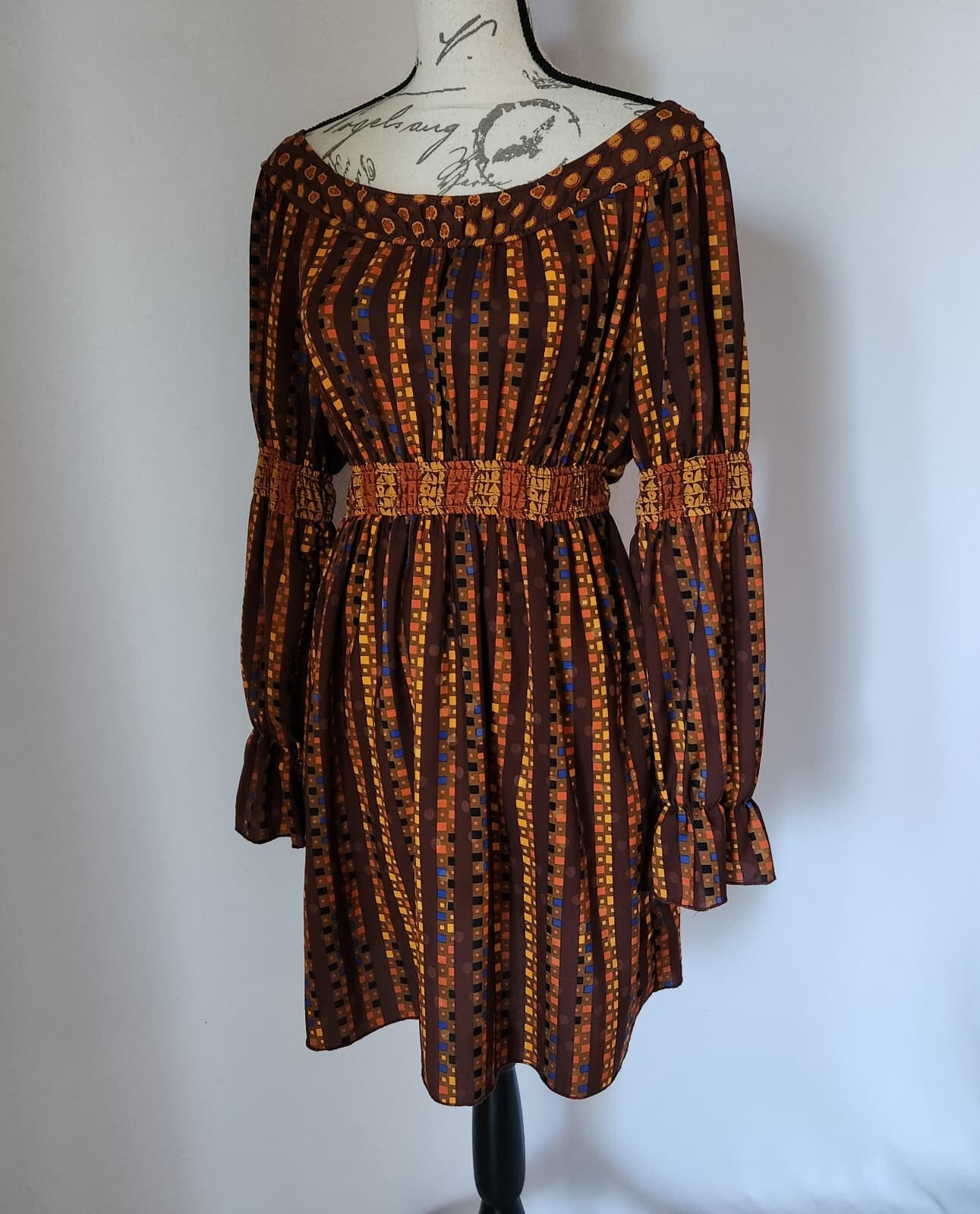 Anna Sui For Target Boho Summer Mini Dress Puff Long Sleeve Geo-Multicolor Sz.S