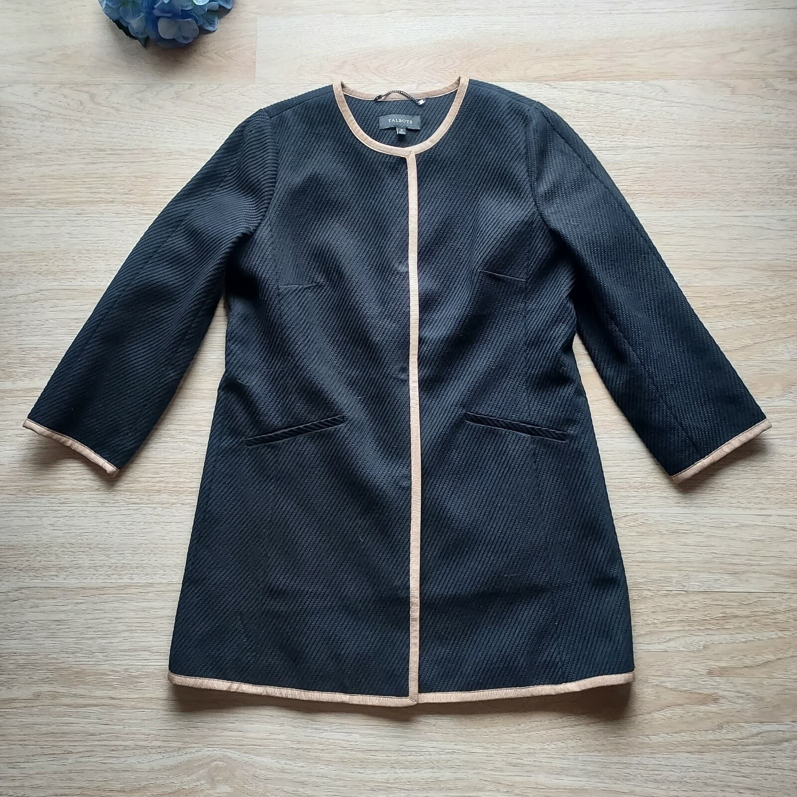 NWoT Talbots Tweet Coat Jacket Snap Pocket Black Tan Trim Cotton Blend Women 10