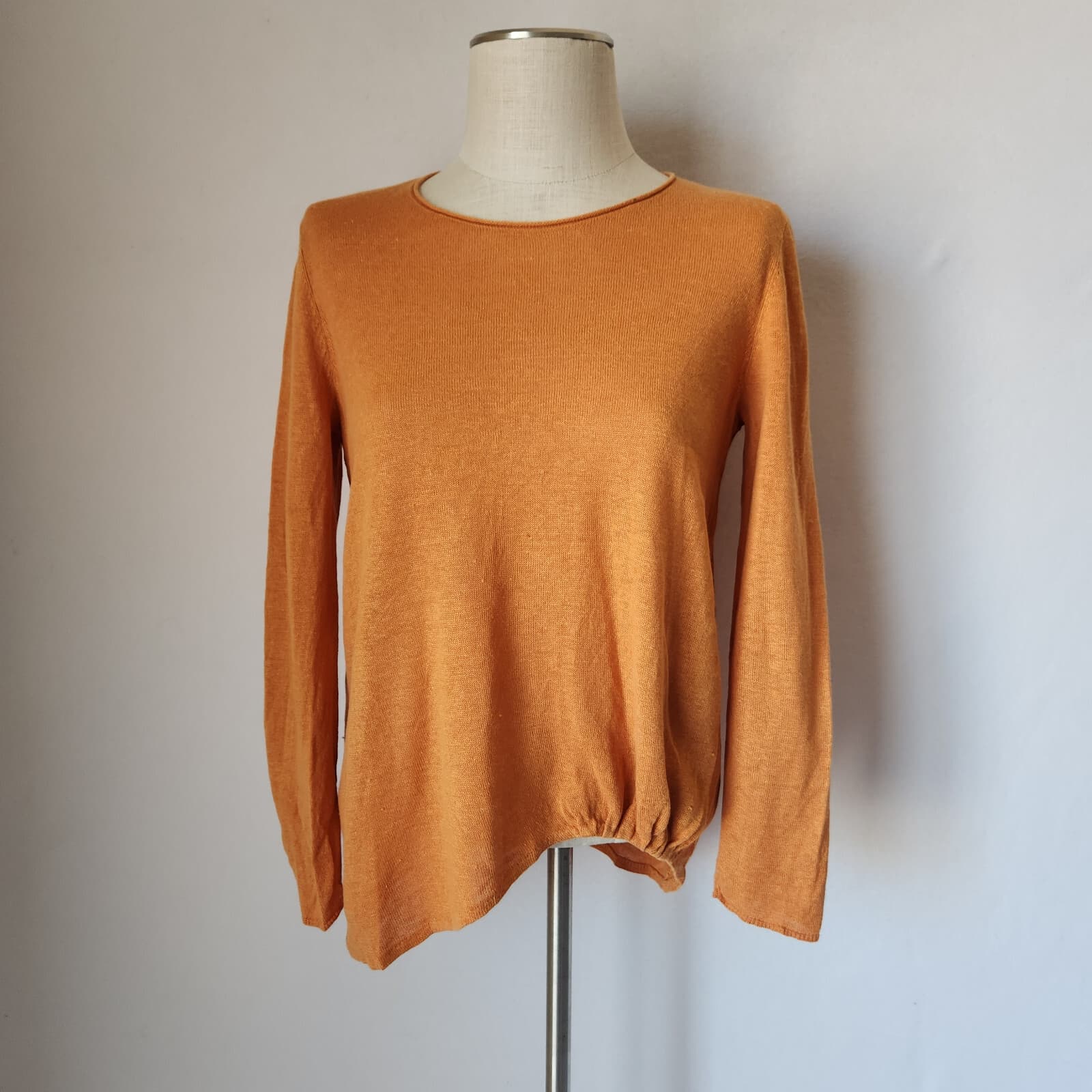 EILEEN FISHER Organic Linen Top Ruched-Hem Long Sleeve Crew Neck Orange Sz.S