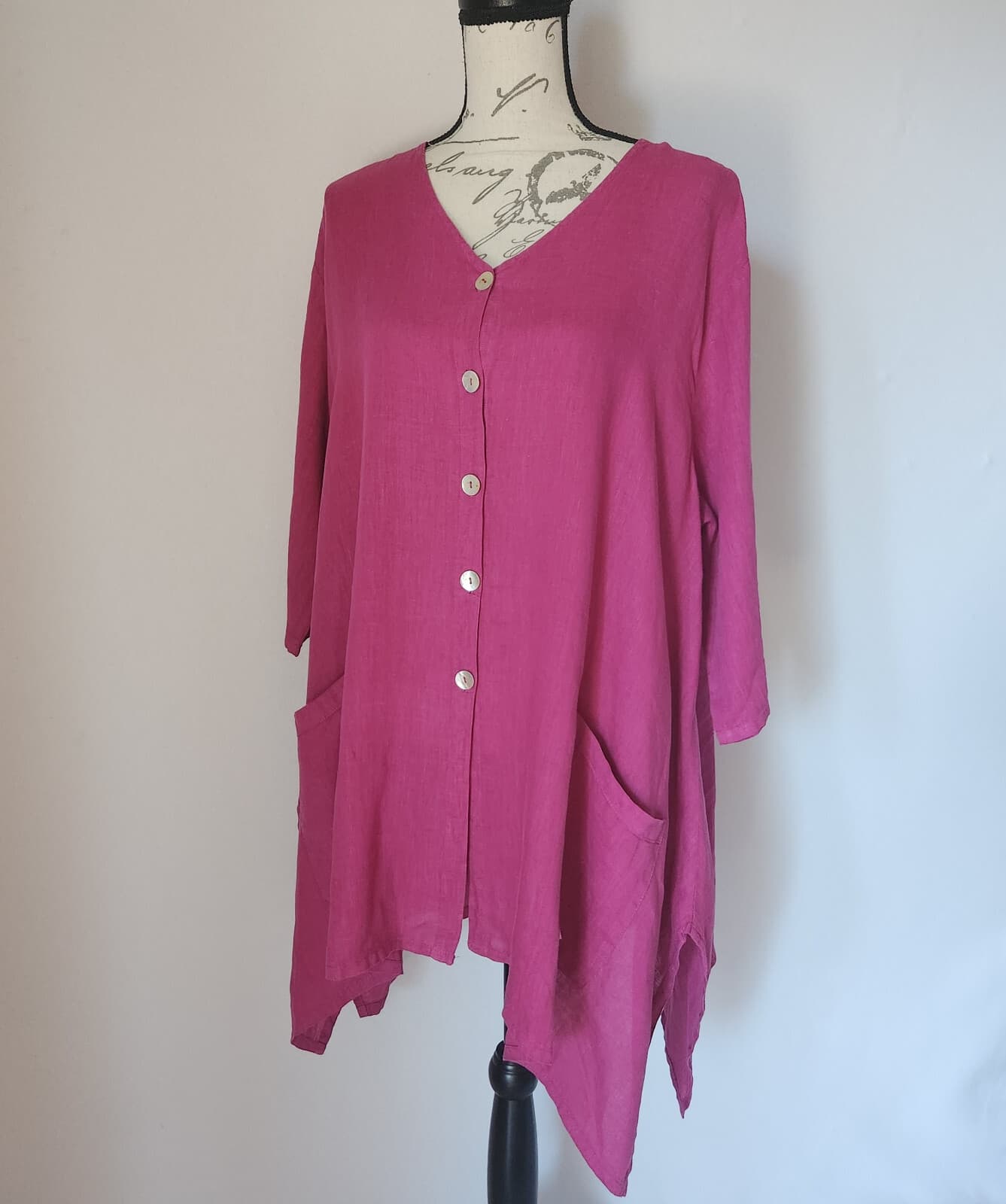 Match Point 100% Linen Lagenlook Mother Pearl Button Blouse Pocket Pink Sz.L USA