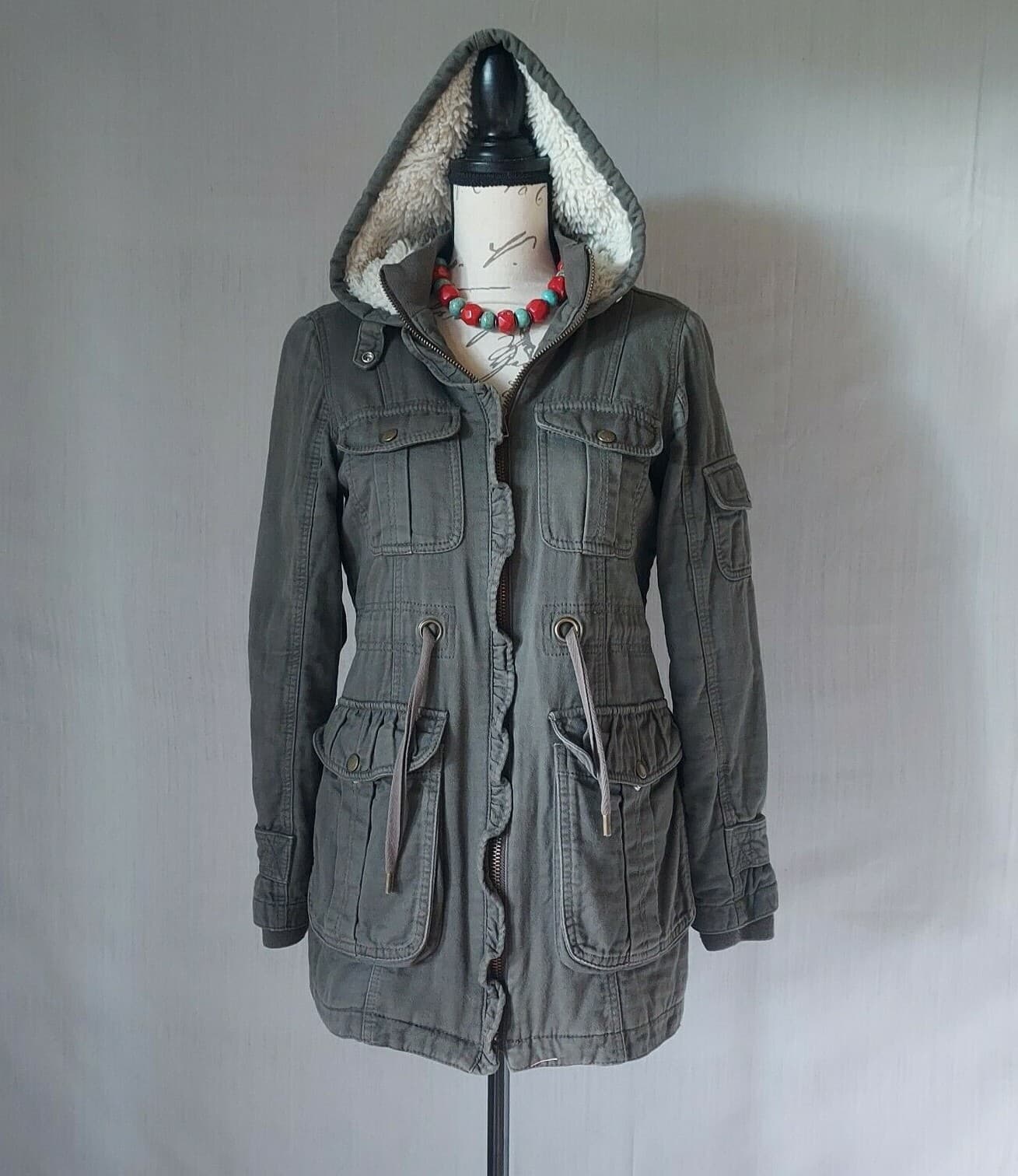 Sanctuary Hooded Military Sherpa Lined jacket Zip-Up Pocket Green Women XS