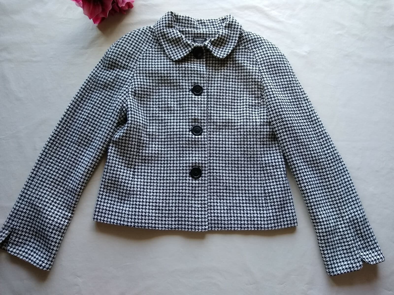 BARRIE PACE Women 100% Silk Tweed Blazer Button-up Lined Black White Sz.8