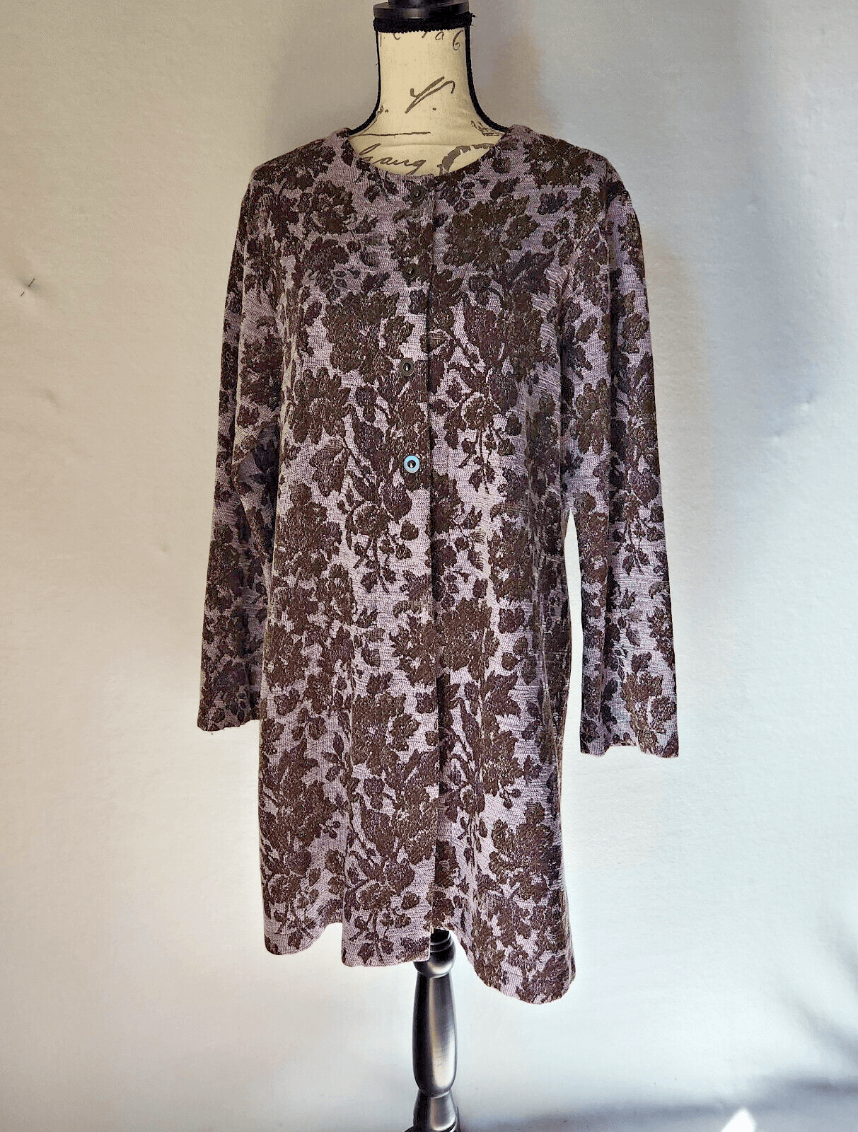 ohm Wool Blend Floral Jacquard Long-Line Jacket Snap Purple Brown Women's L USA