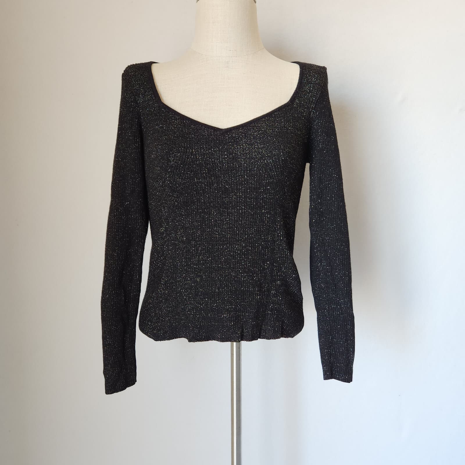 Anthropologie Sweathear Sweater Long Sleeve Ribbed Knit Metallic Black Lurex L