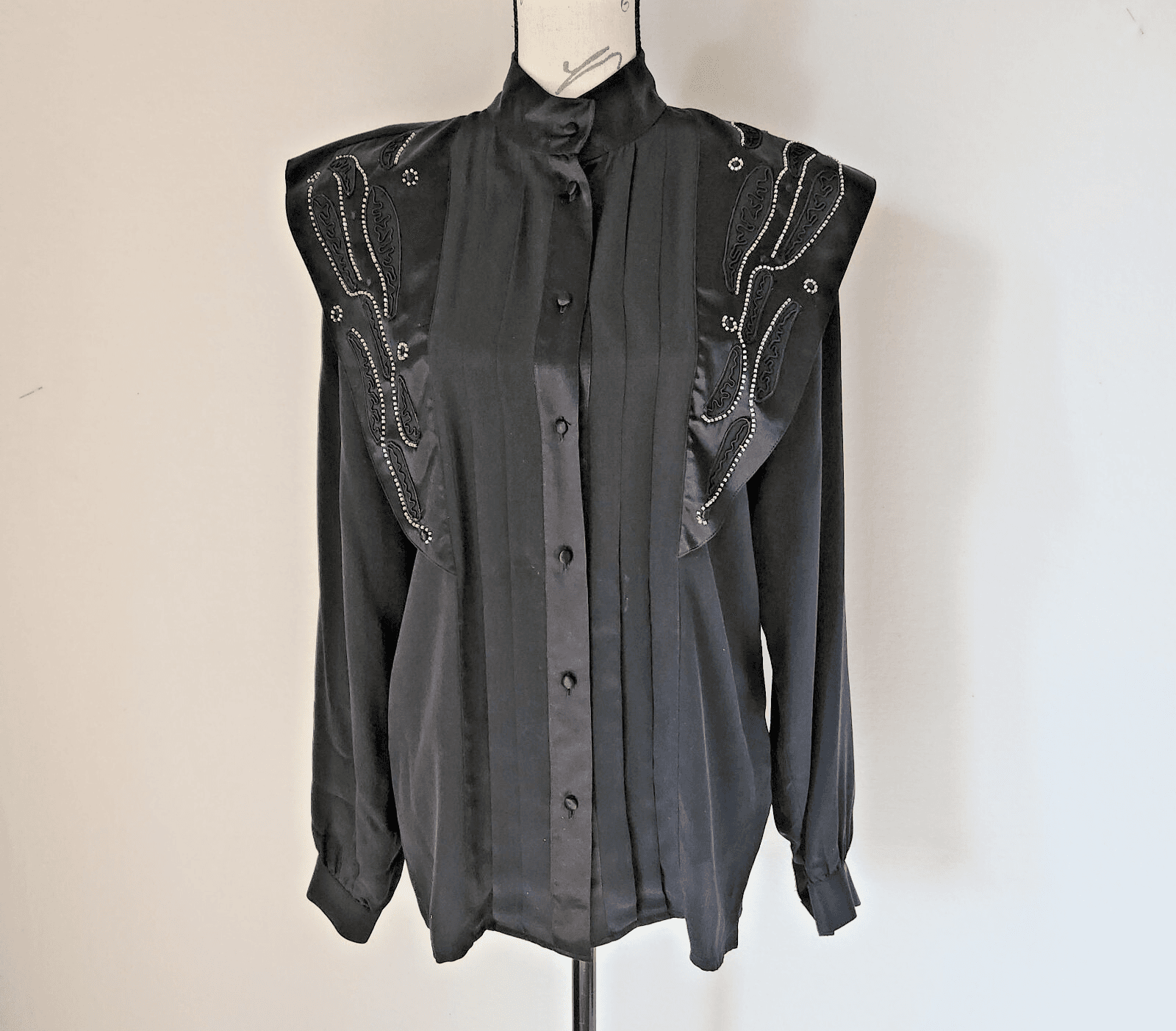 Vintage Suzelle Silk Satin Beaded Blouse High Neck Button Long Sleeve Black Sz.8