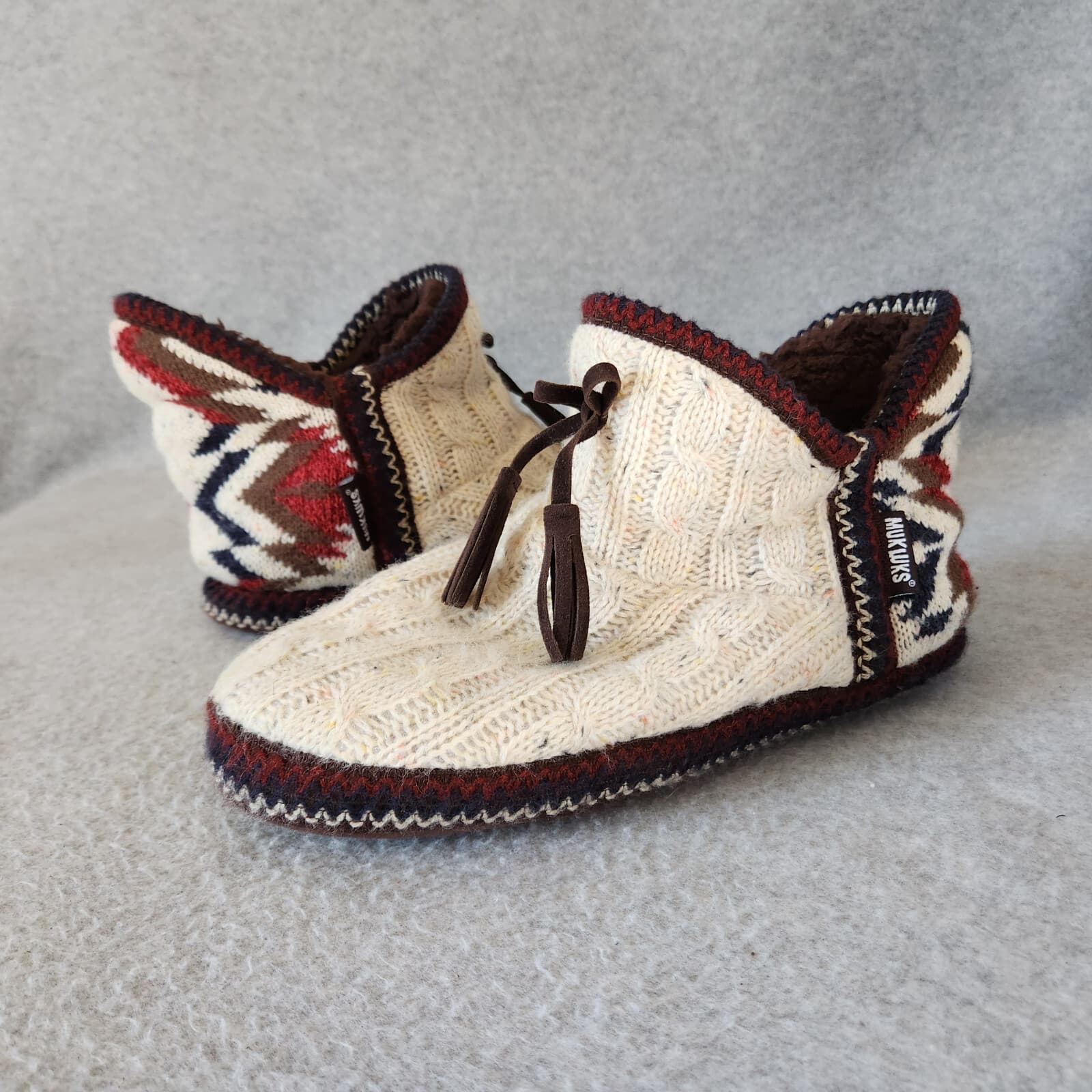 MUK LUKS Amira Fuzzy Fair Isle Cable Knit Bootie Slipper Fleece Lined Sz.US9-10