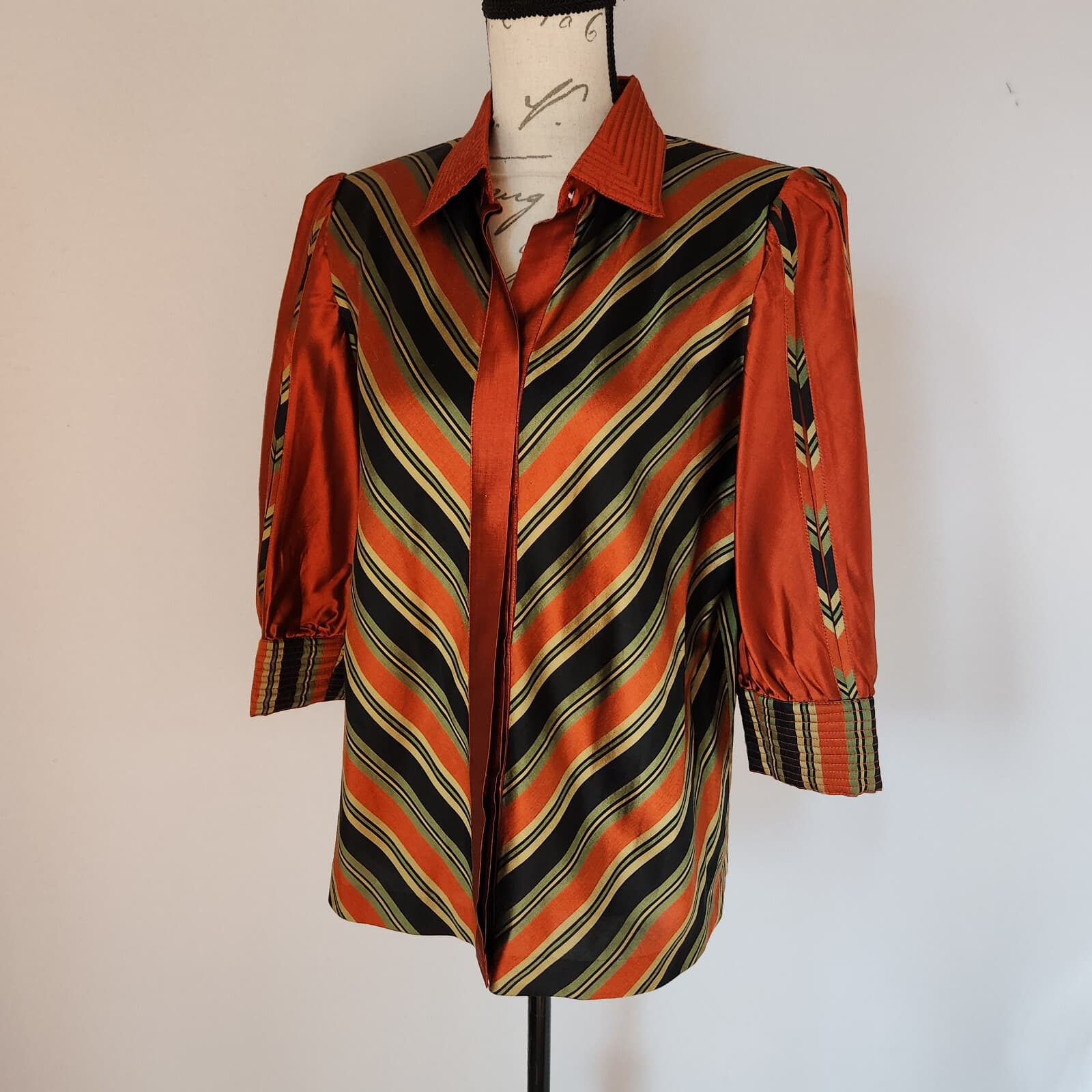 J.S Thai Silk Handmade 100% Silk Blouse Button-Up 3/4 Sleeve Stripe Red Bust 42"