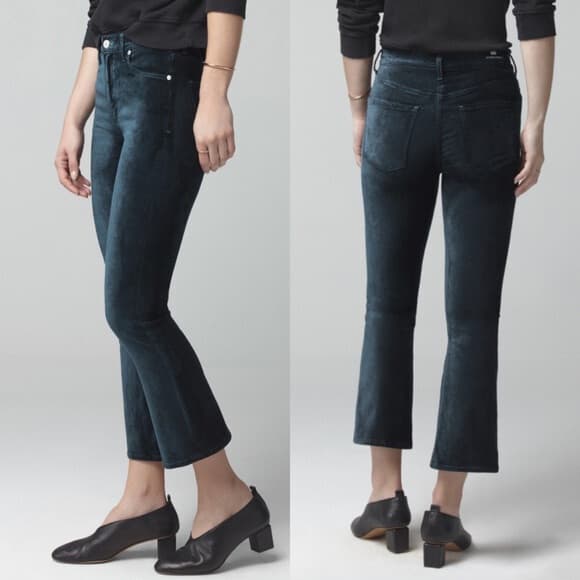 Citizens of Humanity Demy Plush Velvet Cropped Flare Pants Midnight Green Sz.26