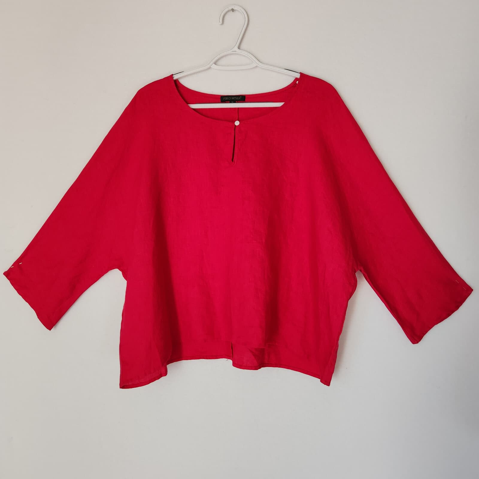 For Cynthia 100% Linen Key-Hole Top Drop Shoulder 3/4 Sleeve Pink Women's M