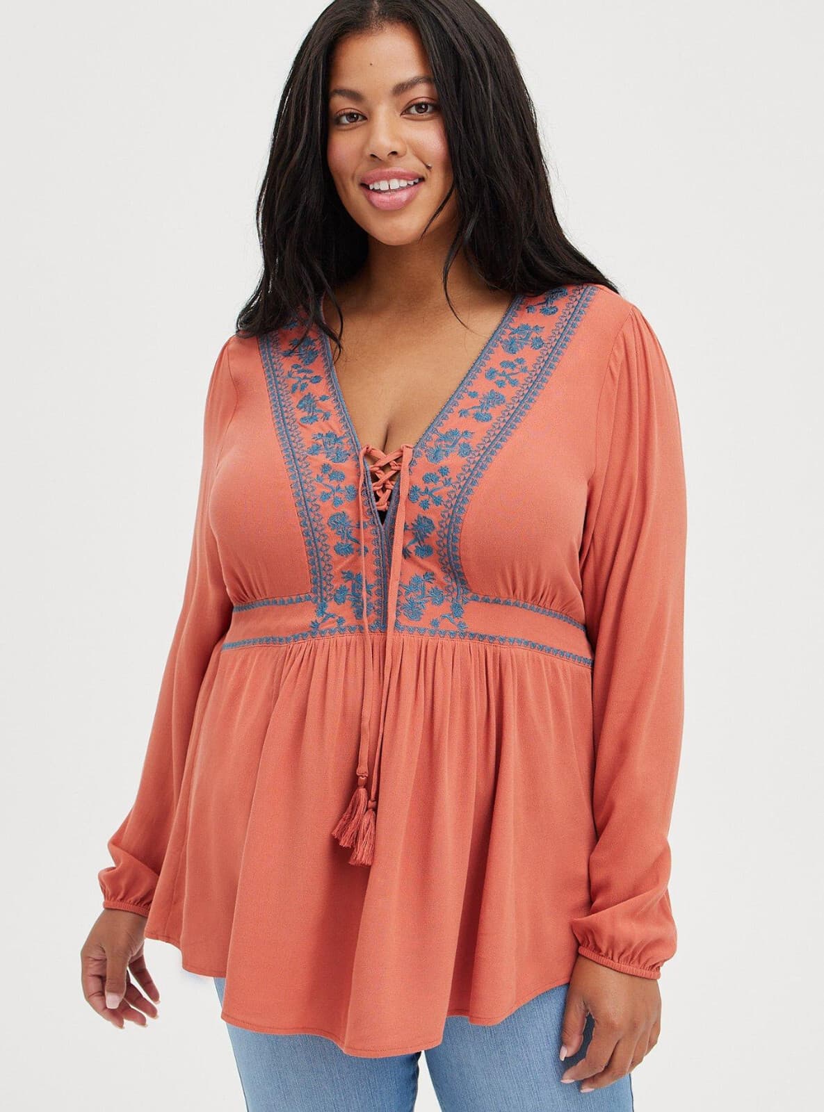 Torrid Babydoll Rayon Crepe Embroidered Tassel Boho Top Long Sleeve Rust Sz.2