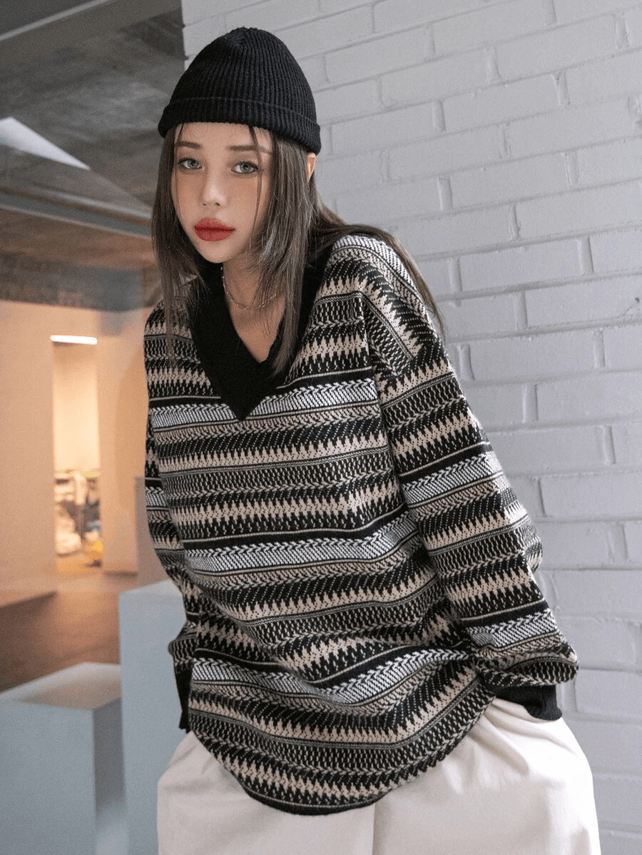 Dazy Chevron Stripe V-Neck Sweater Pullover Drop Shoulder Multicolor Women Sz.M