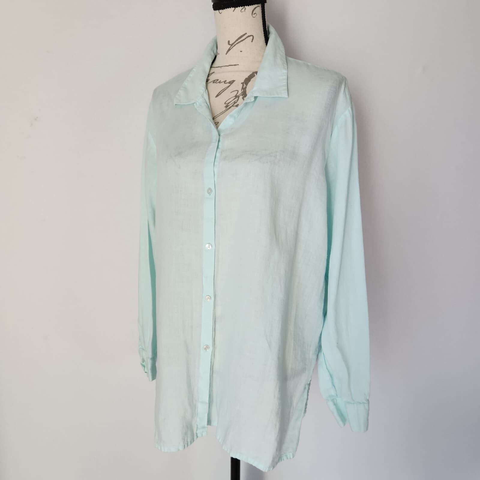 EILEEN FISHER 100% Linen Tunic Shirt Button-Down Long Sleeve Pale Green Womens L