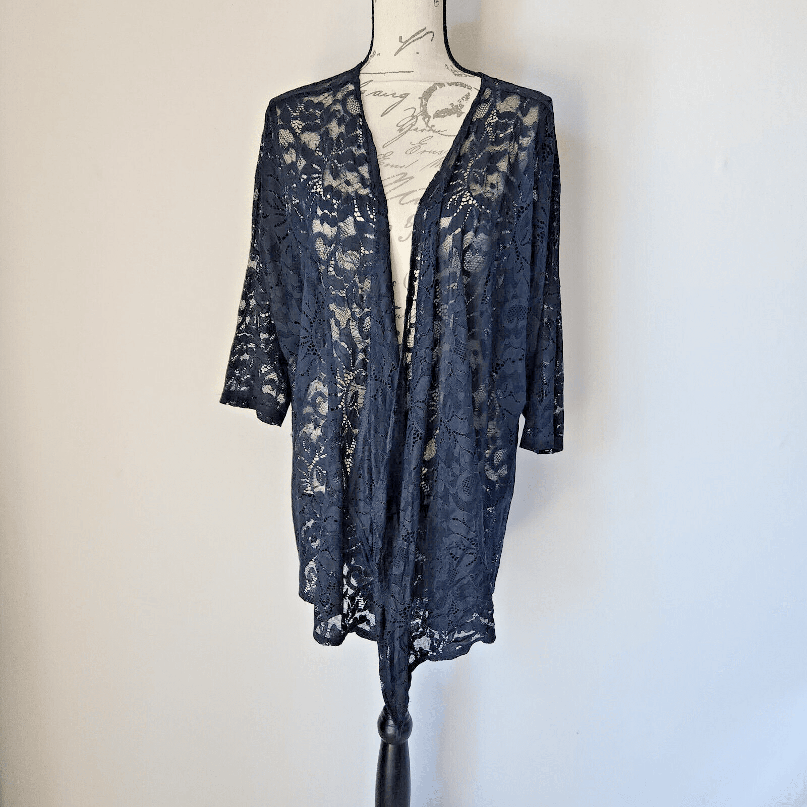 Sympli Floral Lace Draped Open Topper Cardigan Short Sleeve Navy Blue Women 10