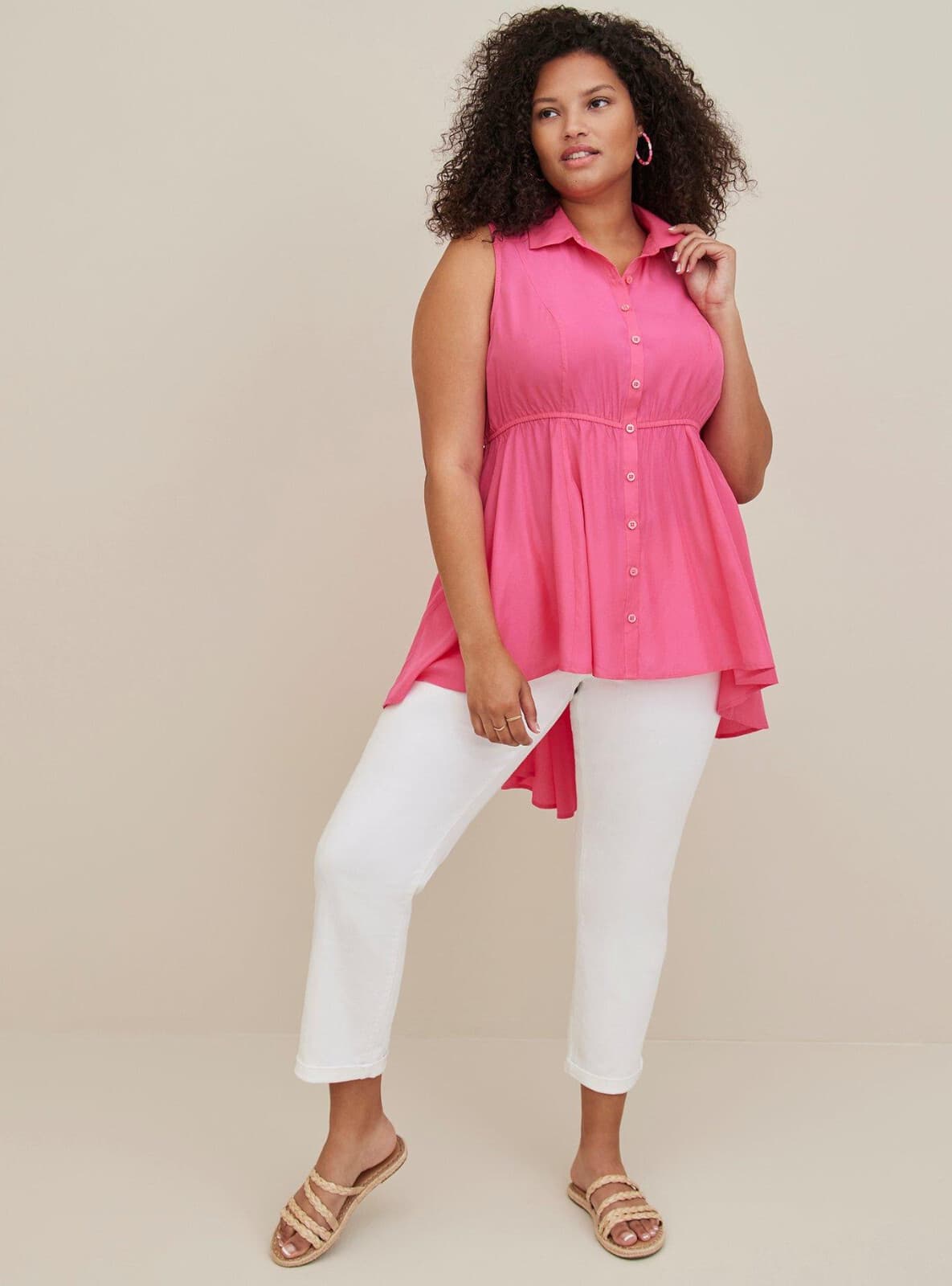Torrid Babydoll Poplin Button-Front Hi-Low Shirt Sleeveless Pink Women's 1 (1X)