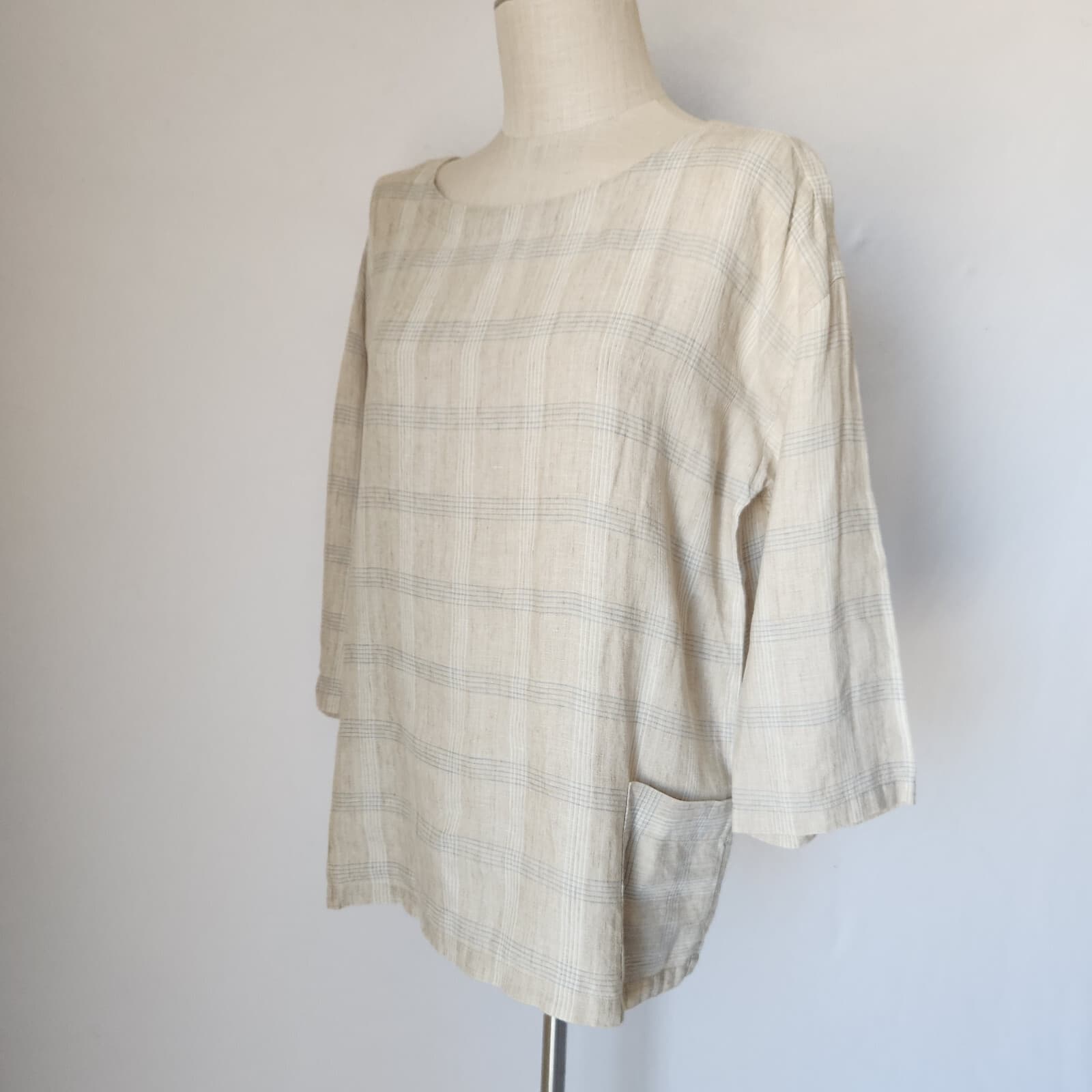 EILEEN FISHER Catalan Organic Linen Blouse 3/4 Sleeve Pocket Beige Plaid Sz.S
