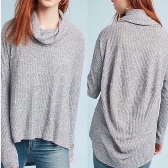 Saturday Sunday Anthropologie Cowlneck Sweatshirt Ripped Knit Hi-low Gray Sz.M/L