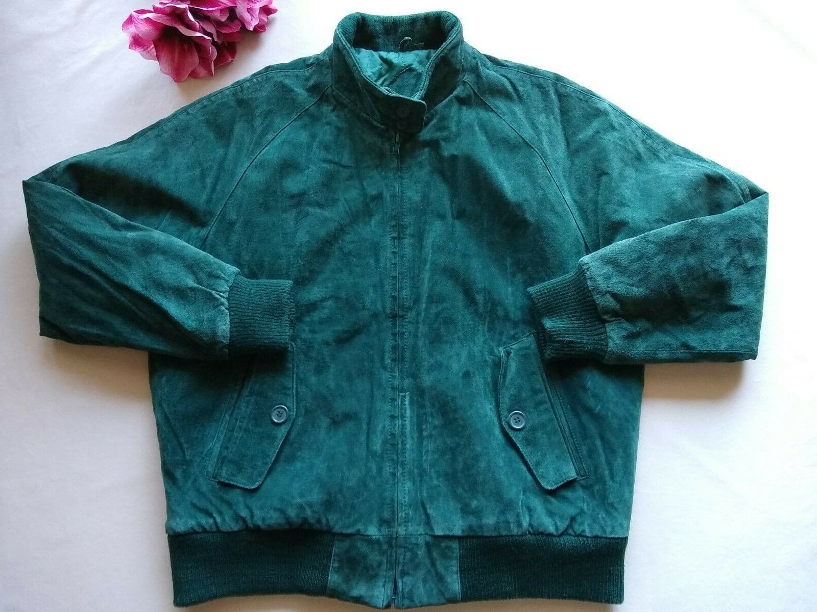 Rock Creek Uni-sex Suede Leather Bomber Jacket Green Zip Pockets Lined Filler M