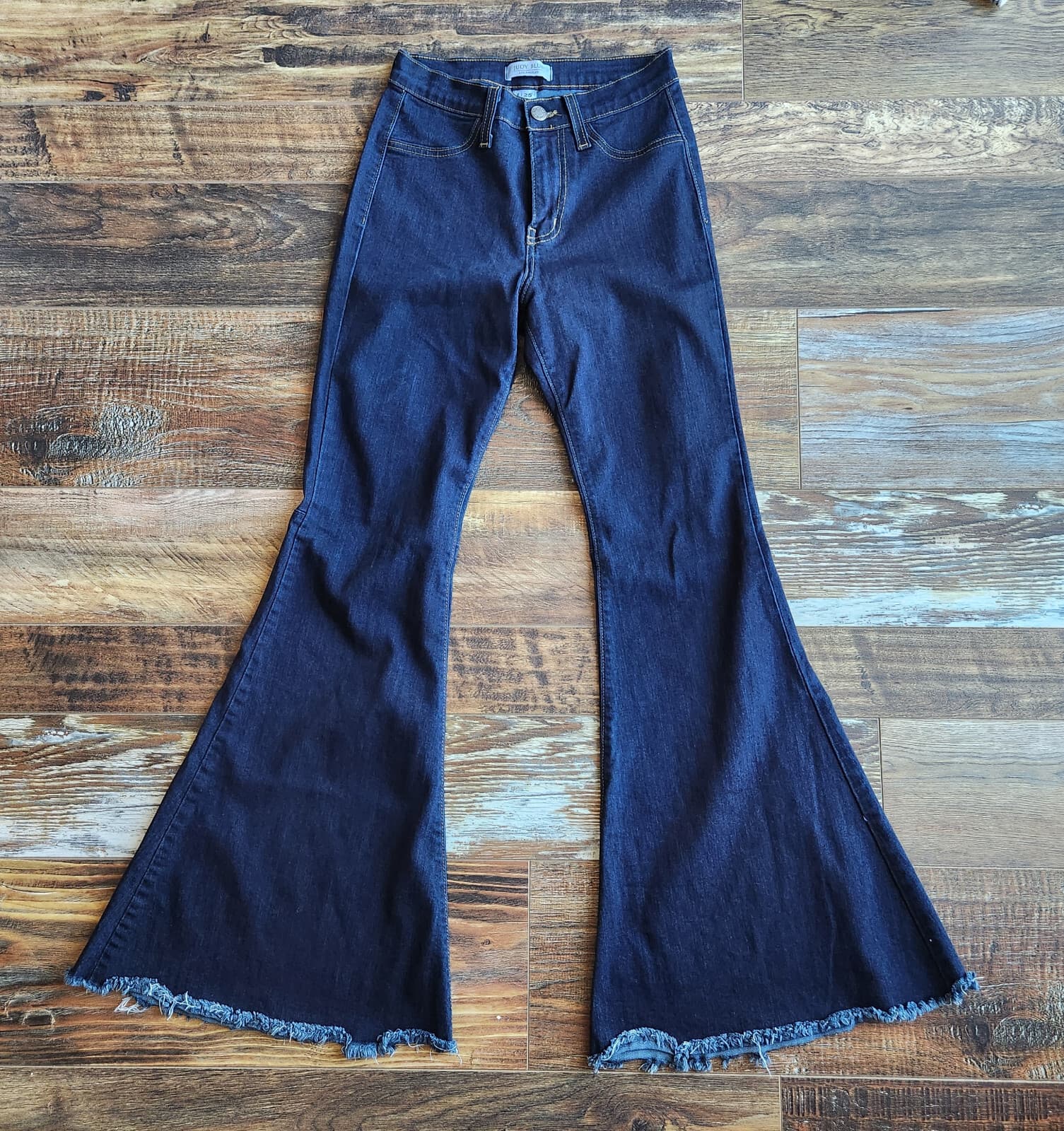 JUDY BLUE Tiffany High Rise Bell Bottom Flare Jean Raw Hem Stretch Blue Sz.1/25