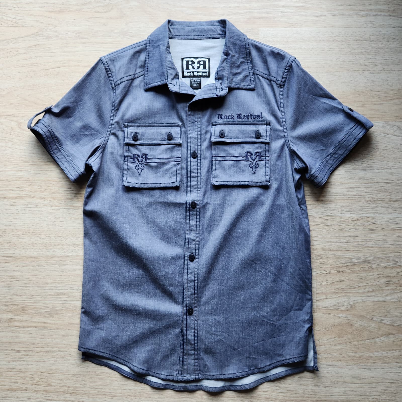 Rock Revival Embroidered Button-Up Shirt Short Sleeve Stretch Blue Grey Men's S