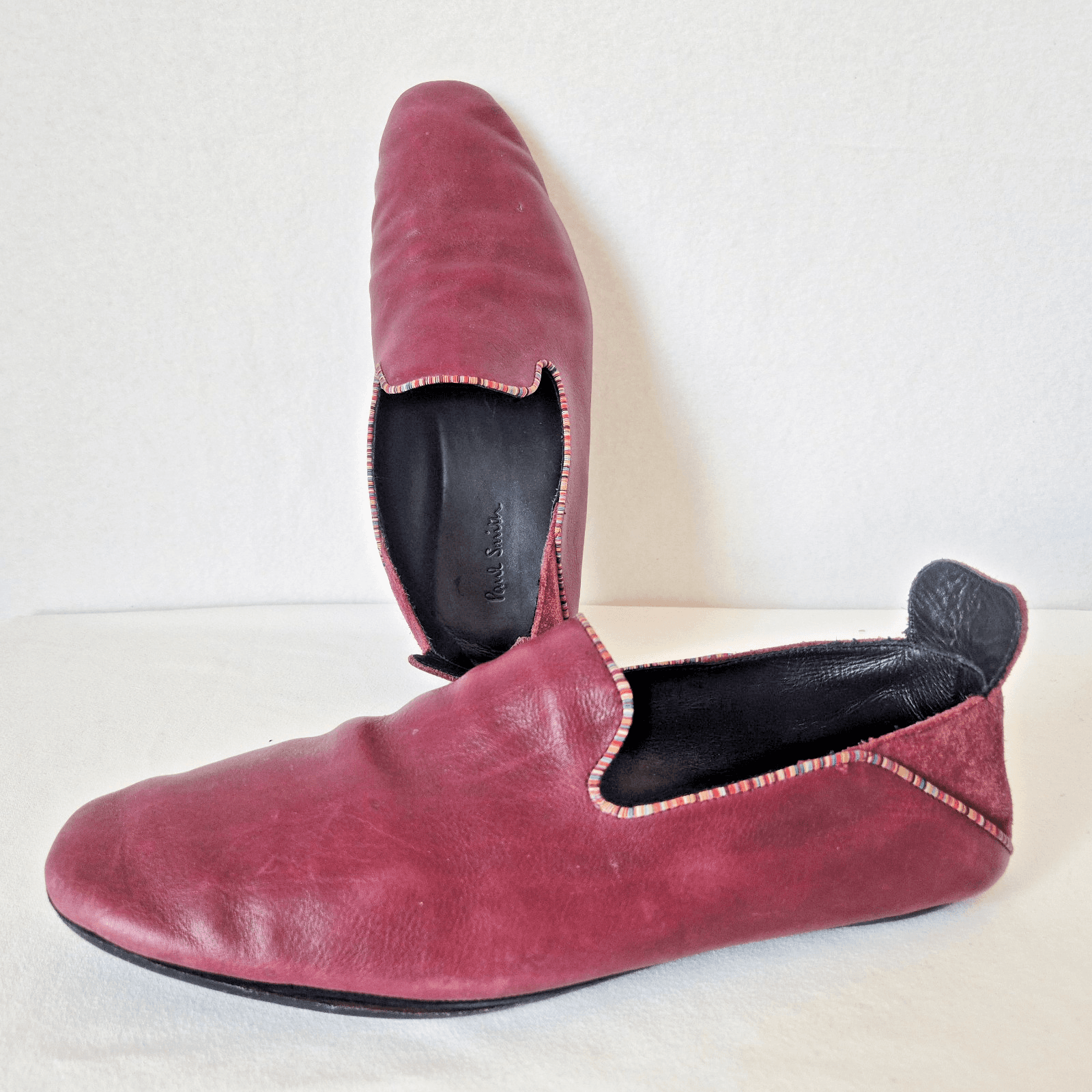 Paul Smith Burgundy Leather Slip-On Loafers Multi-Color Striped Trim Men's US8