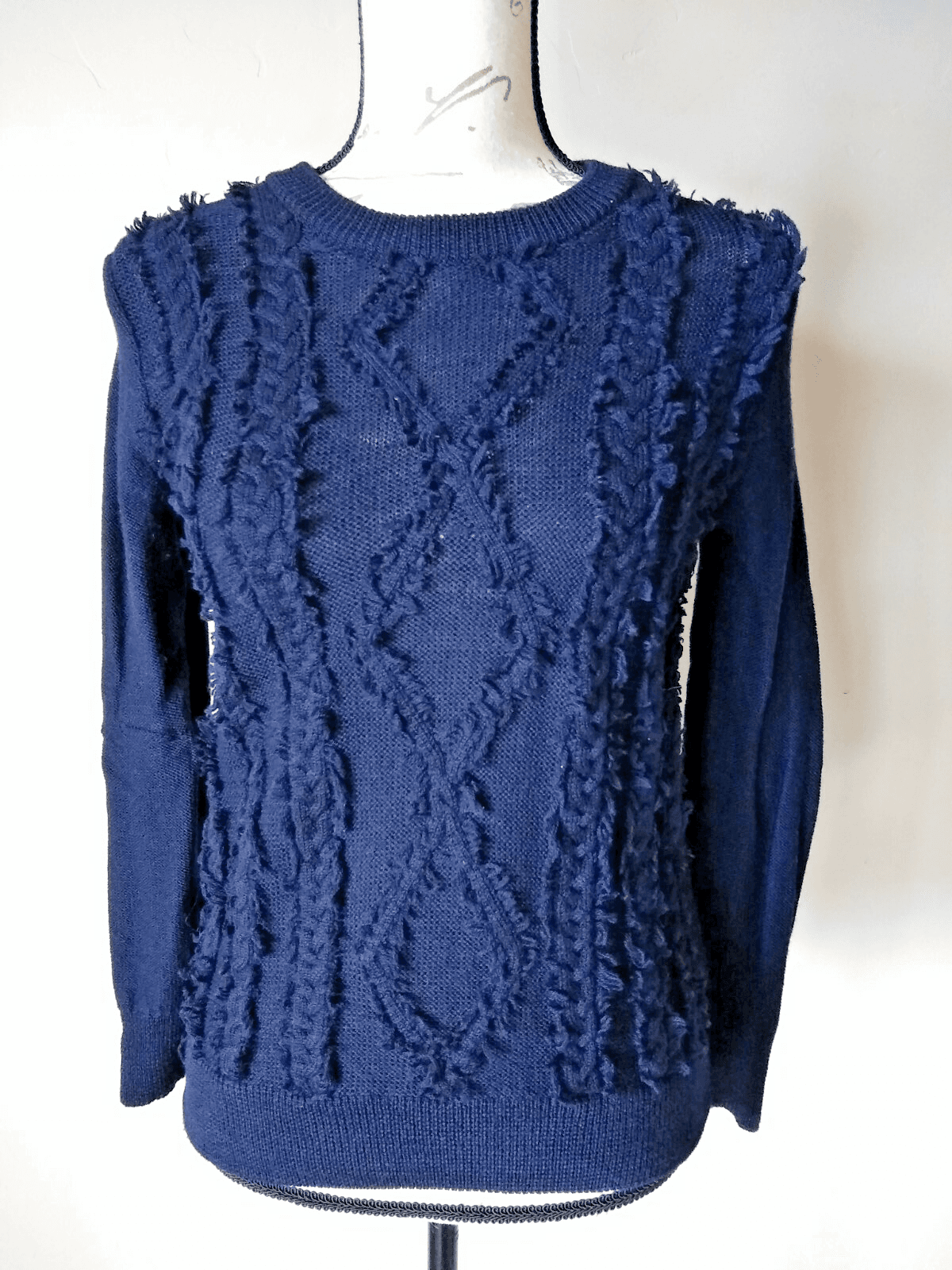J.Crew 100% Merino Wool Cable Knit Fringe Sweater Pullover Crew Neck Blue Sz.S